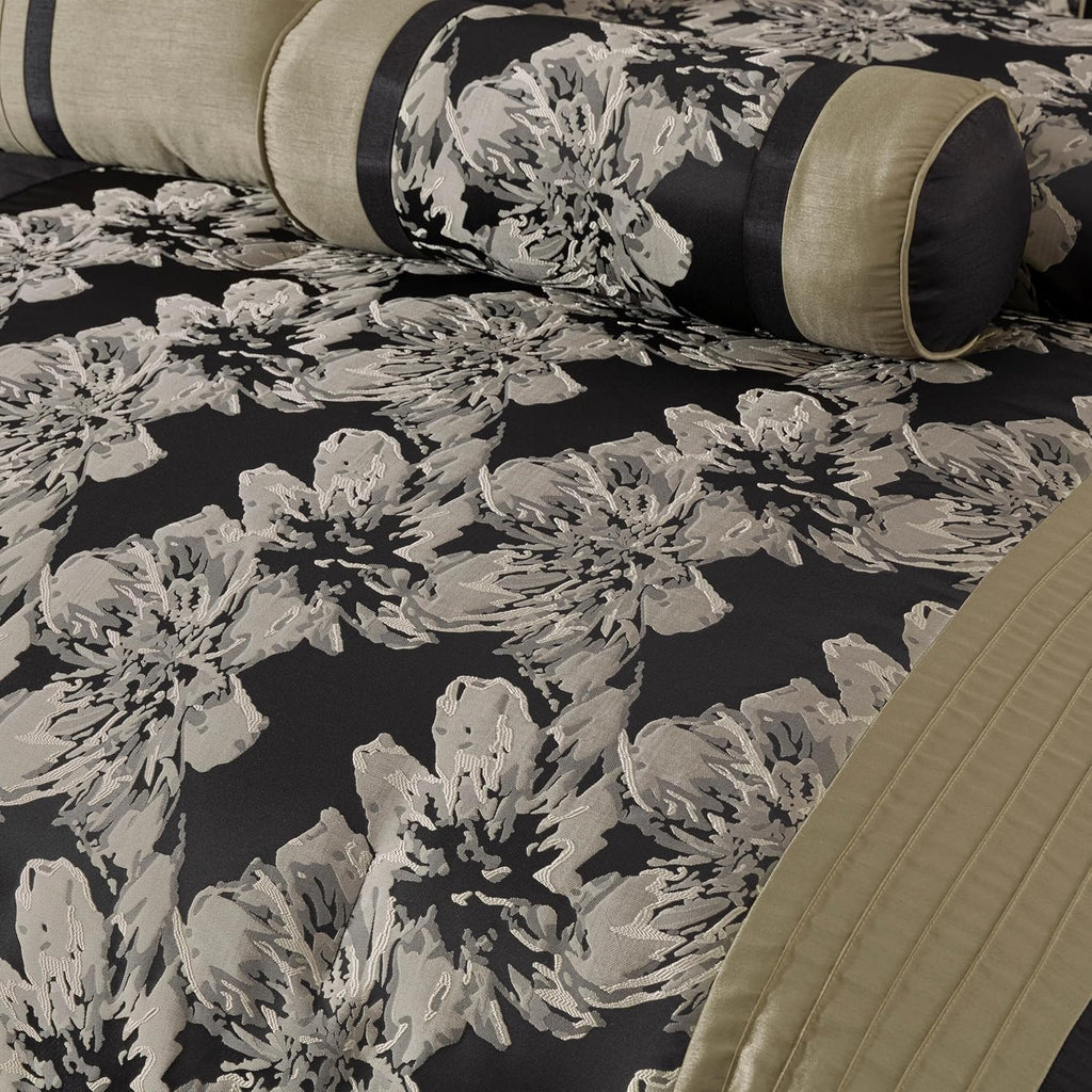 Chezmoi Collection Kelsey Comforter Set Oversized King Size, 7-Piece Black Gold Hibiscus Floral Jacquard Bedding Set
