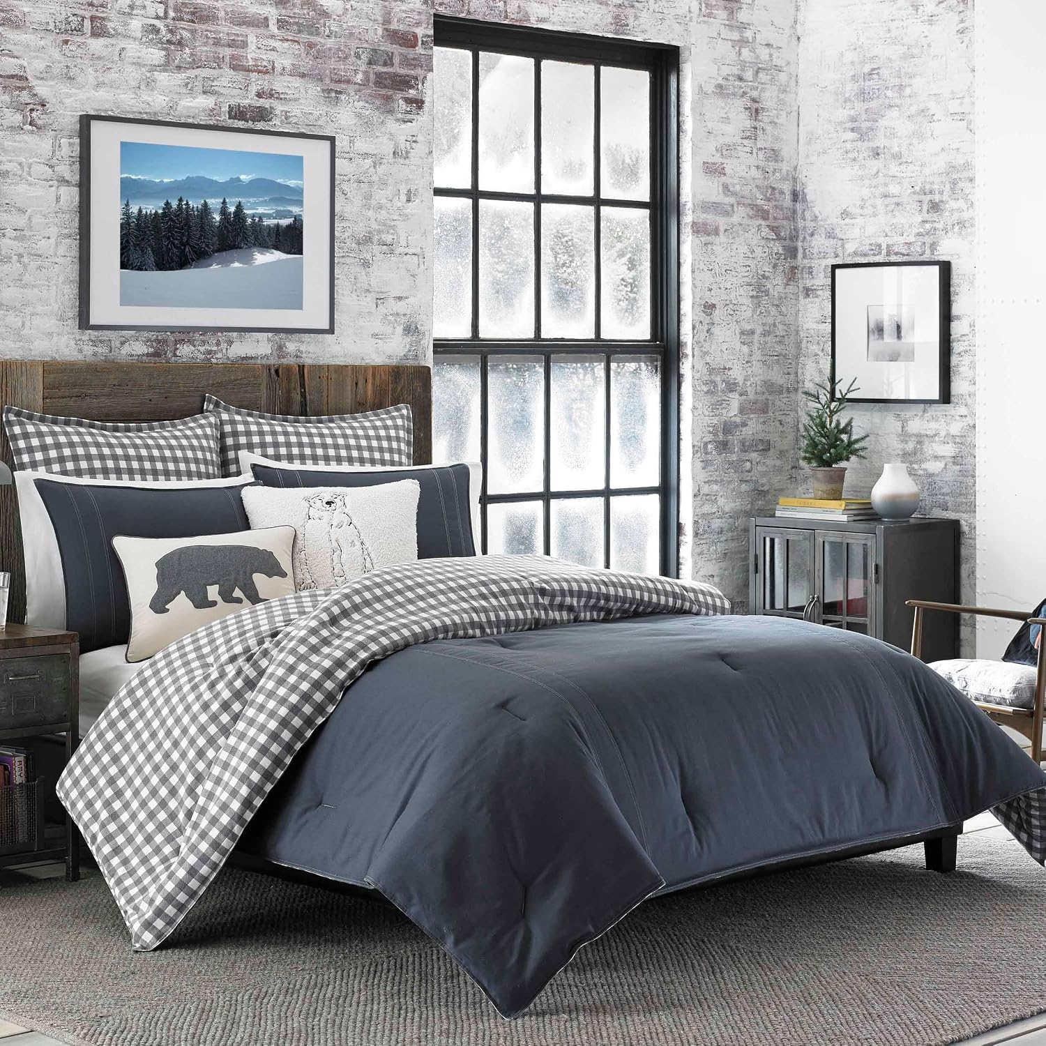 Eddie Bauer - King Comforter Set, Reversible Cotton Bedding with Matching Shams, Pre-Washed for Added Softness (Kingston Charcoal, King)