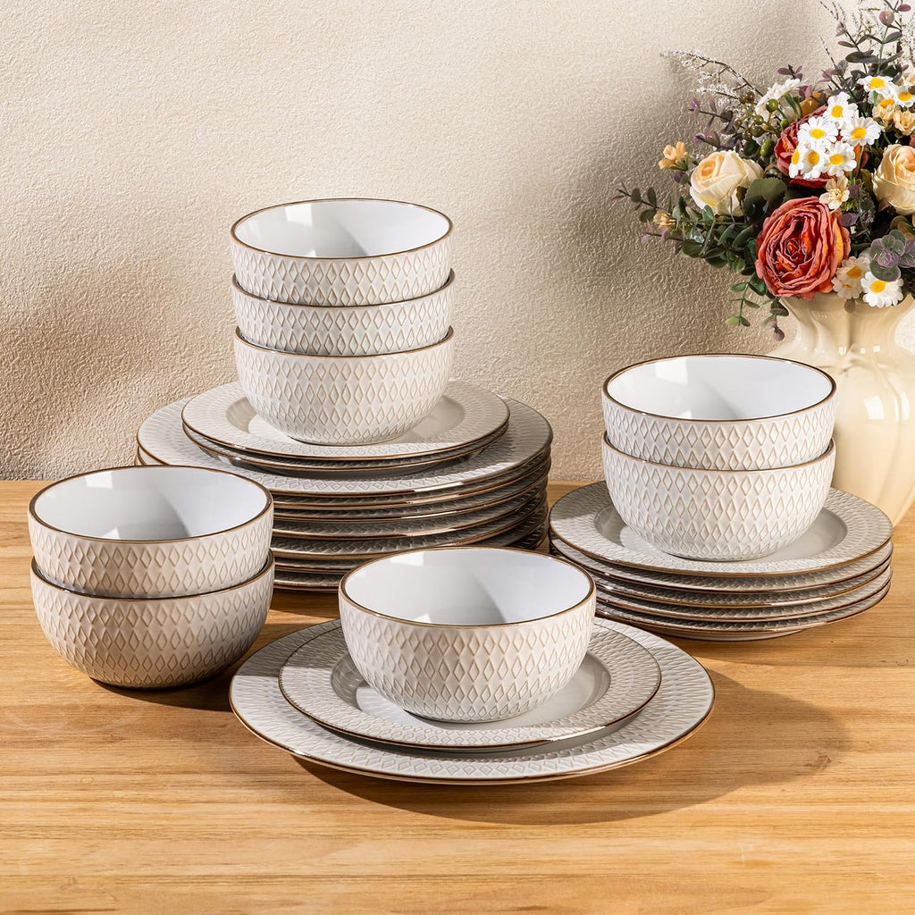 GBHOME Ceramic Dinnerware Sets, 24 pcs Embossed Elegant Stoneware Plates and Bowls Sets, Housewarming Wedding Gift | Dishwasher & Microwave Safe | Dishes Set Service for 8
