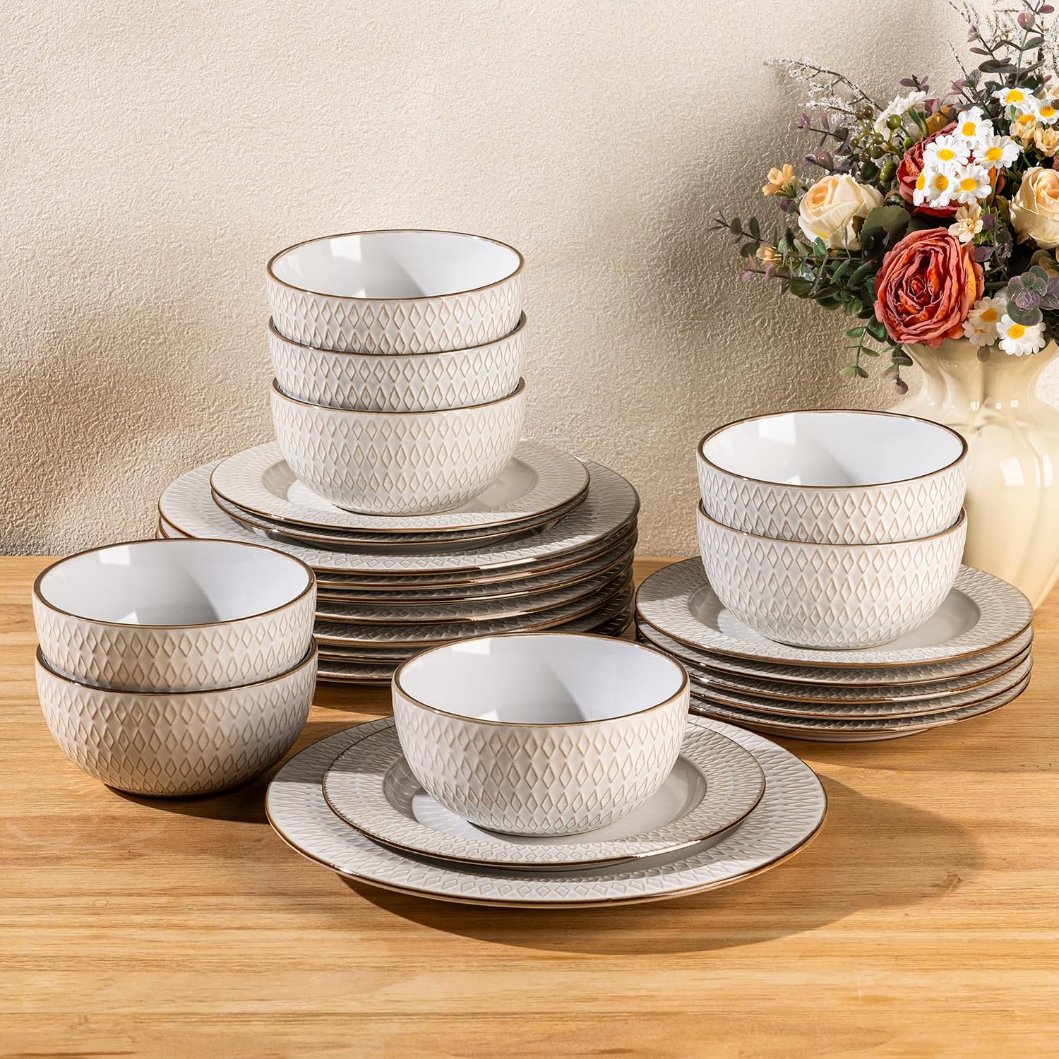 GBHOME Ceramic Dinnerware Sets, 24 pcs Embossed Elegant Stoneware Plates and Bowls Sets, Housewarming Wedding Gift | Dishwasher & Microwave Safe | Dishes Set Service for 8