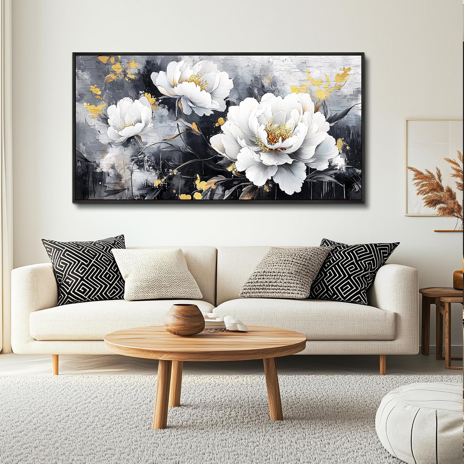 PHAOHUAXM Large Framed Canvas Wall Decor For Living Room Wall Art For Bedroom Modern Abstract Painting Ink-Wash White Flowers With Black Frames Dining Room Home Decor Print Artwork Posters 30'X60'