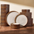 24-Piece Dinnerware Set Service for 8, Famiware Premium Stoneware Dish Set with Ribbed Plates and Deep Bowls, Double Reactive Glaze, Chip & Scratch Resistant, Microwave & Dishwasher Safe, Cream Cocoa