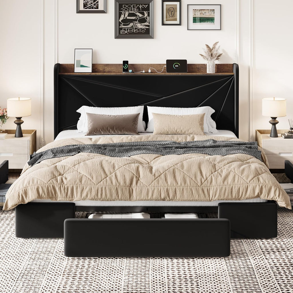 SHA CERLIN King Size Bed Frame with 3 Drawers, USB & Type-C Charging Ports, Velvet Upholstered Platform Bed with Modern Geometric Wingback Storage Headboard, No Box Spring Needed, Easy Assembly, Black