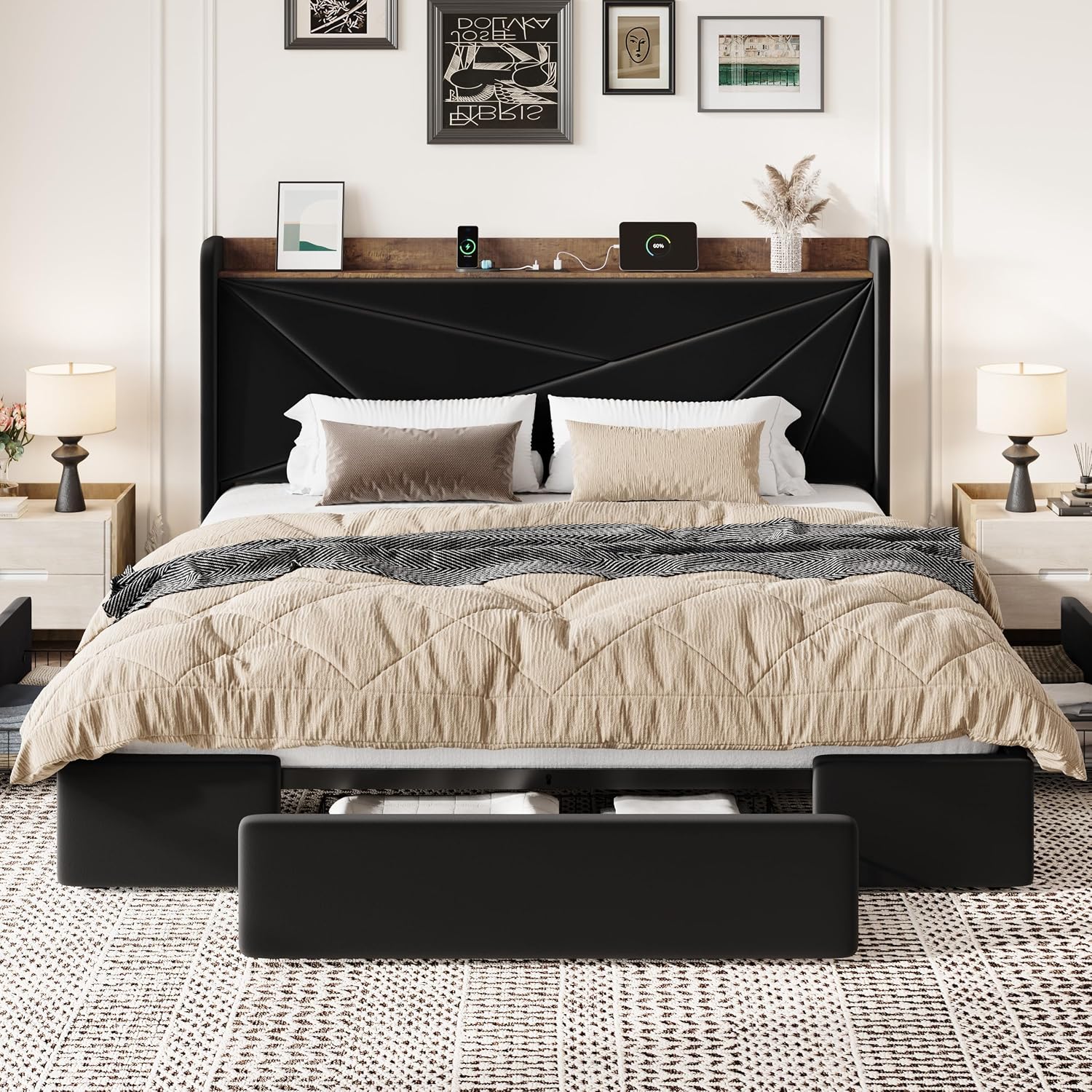 SHA CERLIN King Size Bed Frame with 3 Drawers, USB & Type-C Charging Ports, Velvet Upholstered Platform Bed with Modern Geometric Wingback Storage Headboard, No Box Spring Needed, Easy Assembly, Black