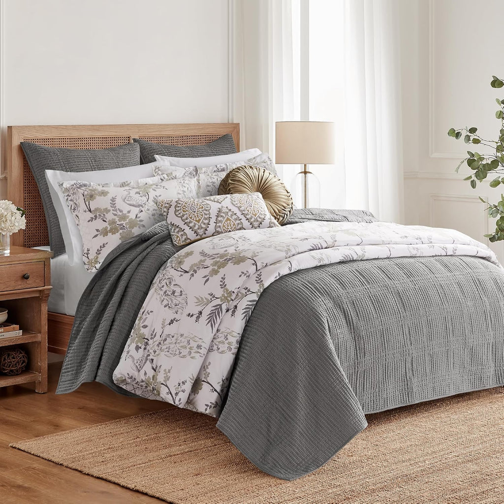 Levtex Home Cloud Waffle Full/Queen Quilt Set (88x92in) and 2 Pillow Shams (26x20in) - Box Quilted Waffle Cotton Texture - Grey - Cotton Full/Queen Size Quilt Bedding Set - Lightweight Soft Pre-Washed