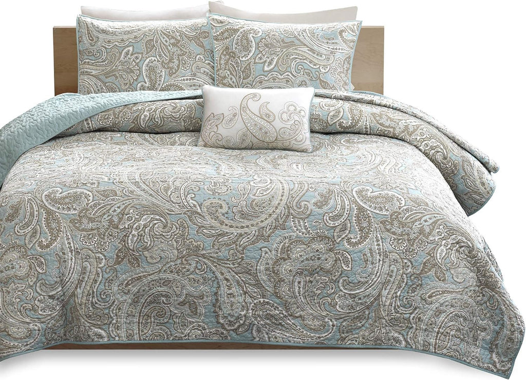Madison Park Pure Ronan 100% Cotton Quilt Set - Casual Paisley Design, All Season, Lightweight Coverlet Bedspread Bedding, Shams, Decorative Pillows, Full/Queen(88'x92'), Blue 4 Piece