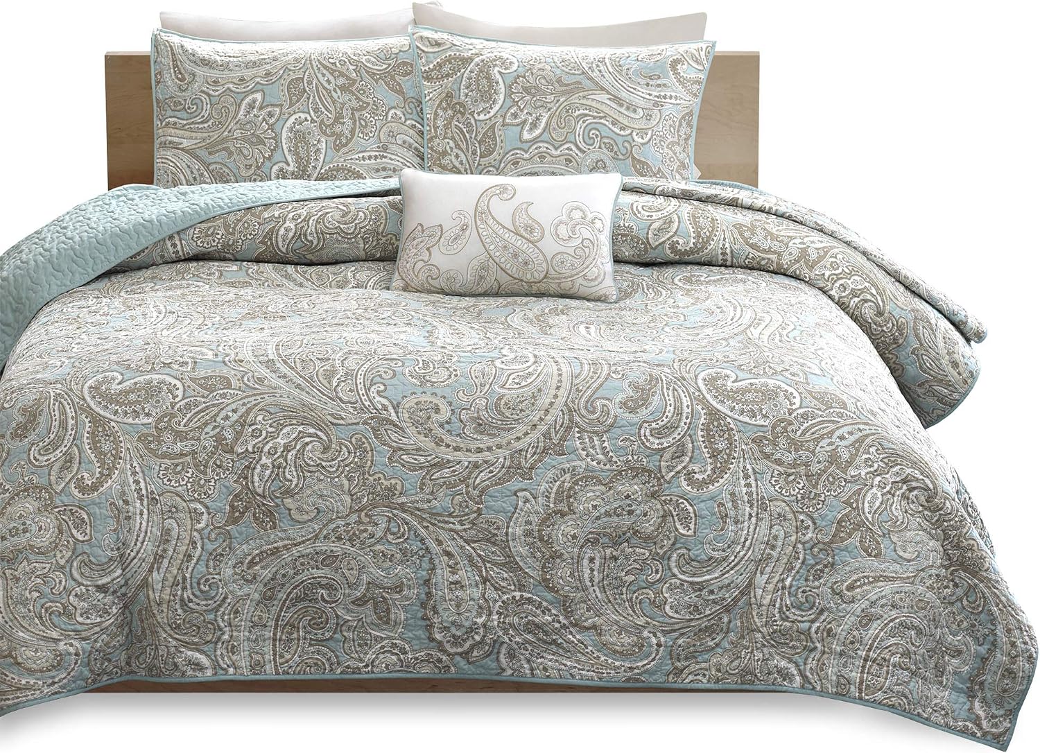 Madison Park Pure Ronan 100% Cotton Quilt Set - Casual Paisley Design, All Season, Lightweight Coverlet Bedspread Bedding, Shams, Decorative Pillows, Full/Queen(88'x92'), Blue 4 Piece