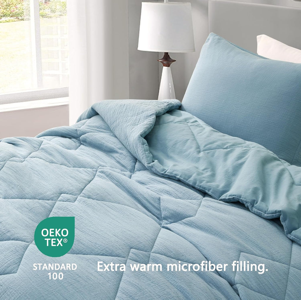 Chezmoi Collection Skye 3-Piece 100% Cotton Muslin Thin Comforter Set Oversized King, Lake Blue Reversible Soft Washed Cotton Gauze Breathable Lightweight Comforter, 130GSM Fill Summer Blanket
