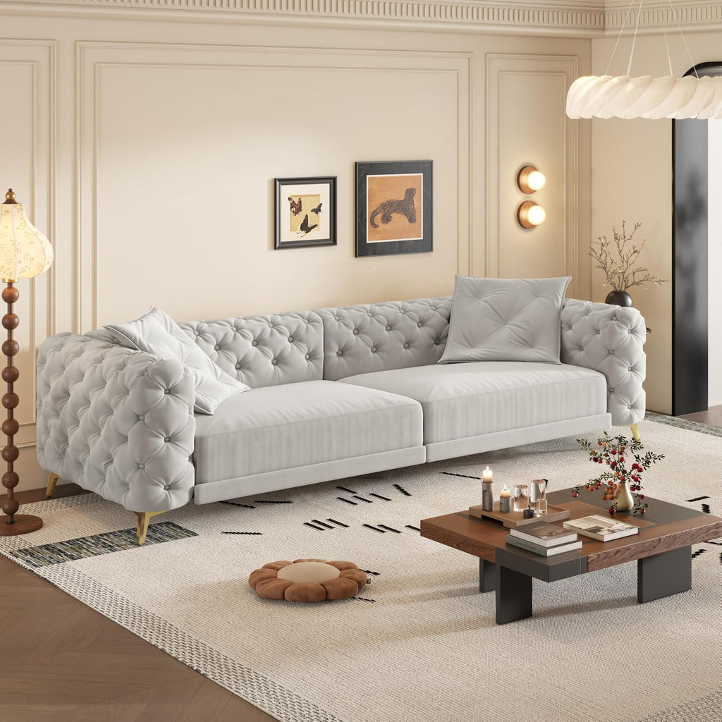 WILLIAMSPACE 97.7' 3-in-1 Convertible Sleeper Sofa Bed, Modern Button Tufted 28.4' Deep Seat Pull Out Couch Bed with Movable Ottoman, Multi-Functional 4-Seater Couch for Living Room, Velvet - Grey