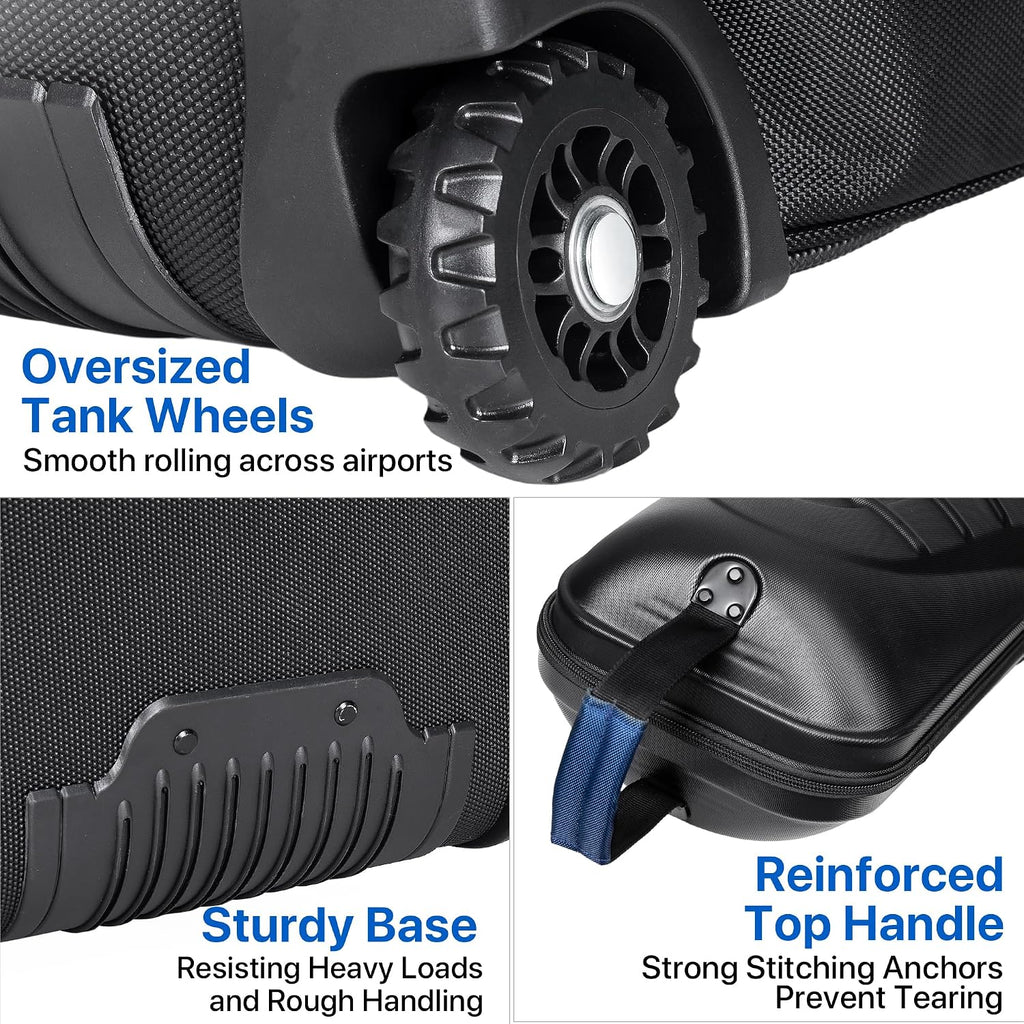 Golf Travel Bag for Airlines, Hard Shell Top Golf Travel Case with Wheels, Heavy Duty 1680D Oxford Fabric, Reinforced Base, Oversized Tank Wheels, Built-in TSA Lock, Water-Resistant Zippers