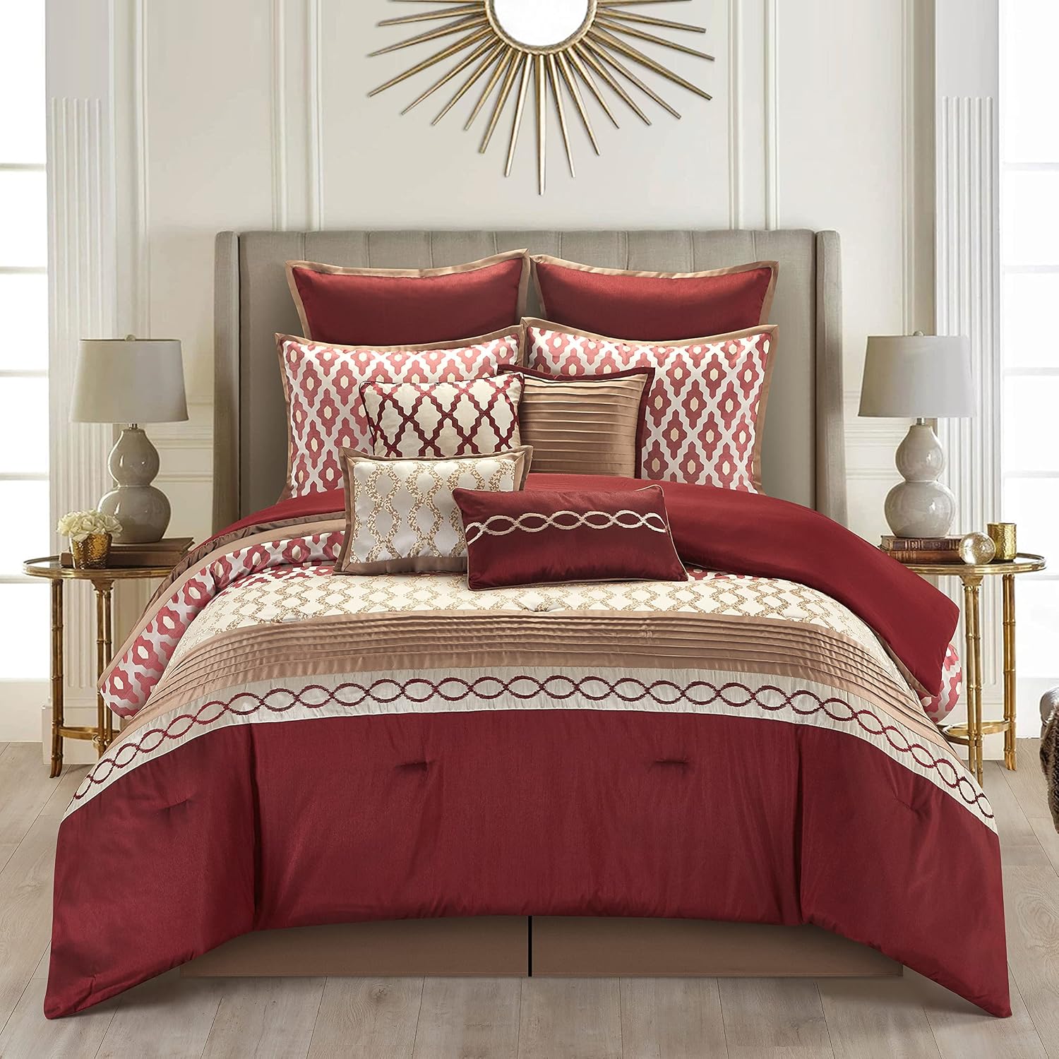 Stratford Park Burgundy King Size Comforter Set, 10 Piece, Jacquard Home Decor, Premium Lightweight Microfiber, Bedskirt, Pillows & Shams