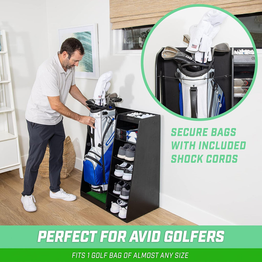 GoSports Premium Wooden Golf Bag Organizer and Storage Rack - Black, White or Brown Finish