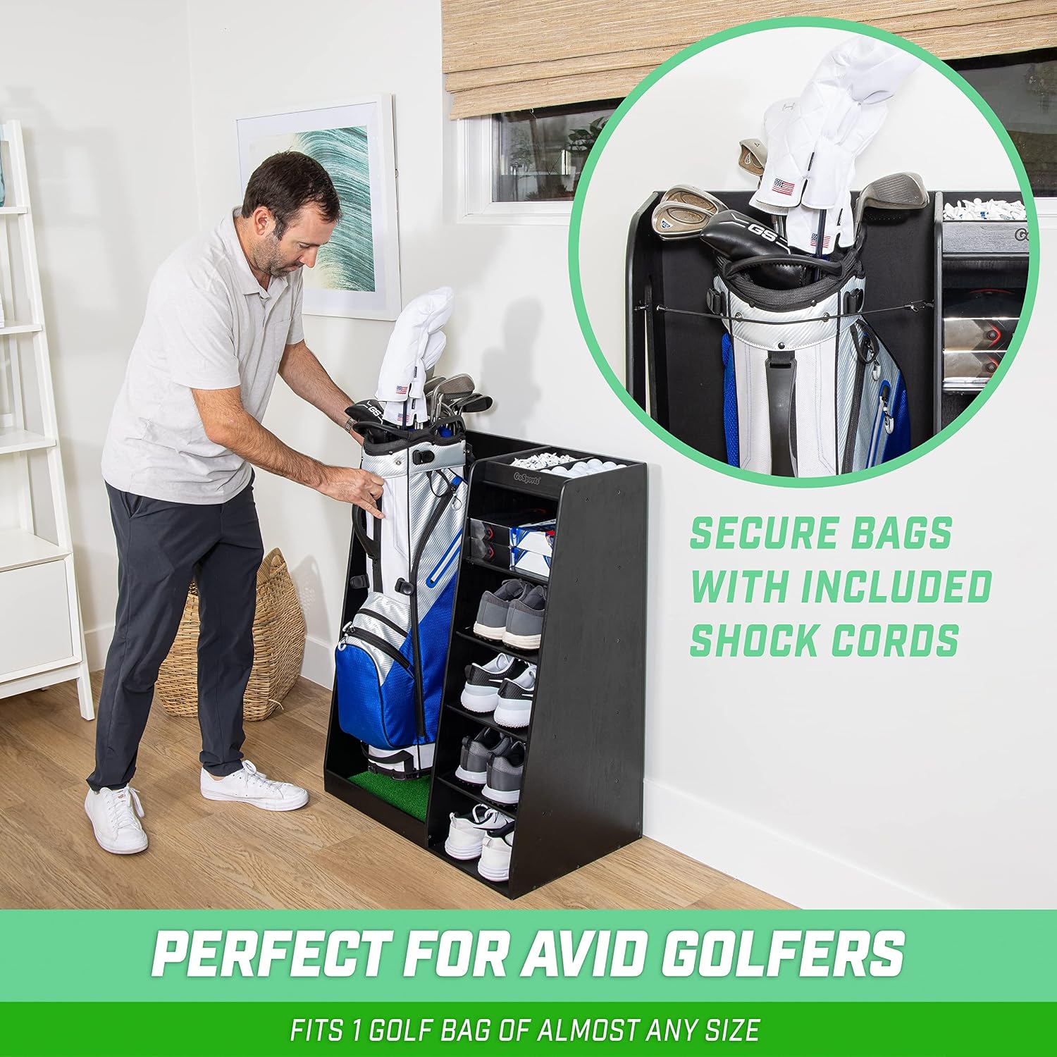 GoSports Premium Wooden Golf Bag Organizer and Storage Rack - Black, White or Brown Finish
