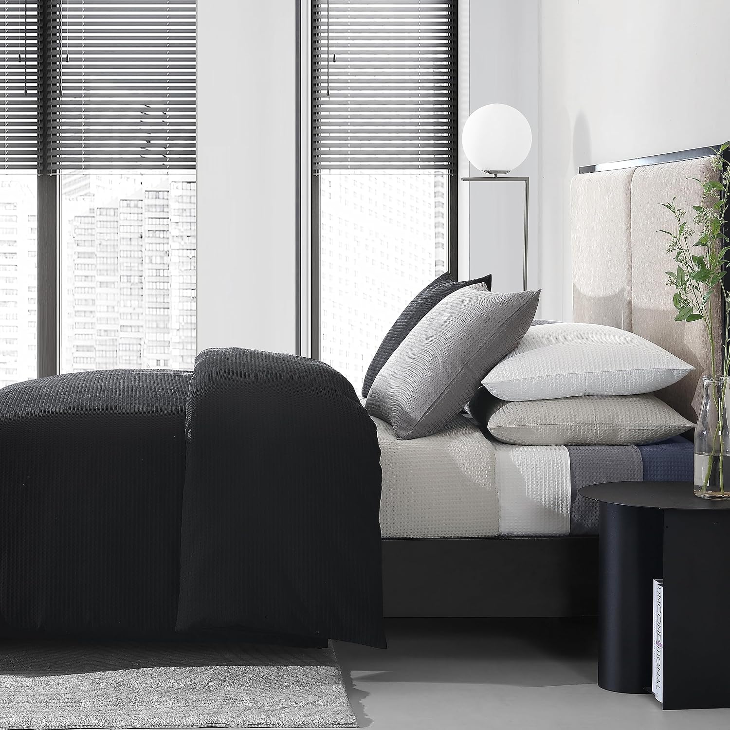 Vera Wang - King Comforter Set, Soft Cotton Bedding with Waffle Pique Texture & Smooth Cotton Percale Reverse, Medium Weight for Year-Round Comfort, 3 Piece Bed Set with Matching Pillowcases (Black)