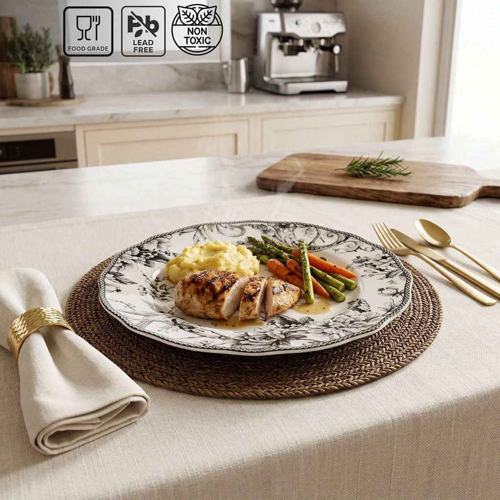 222 Fifth Adelaide 16-Piece Black Porcelain Dinnerware Set – Service for 4, Featuring Hand-Applied Romantic Woodland Bird Design, Everyday Big Dinner Plates and Bowls Sets, Microwave & Dishwasher Safe