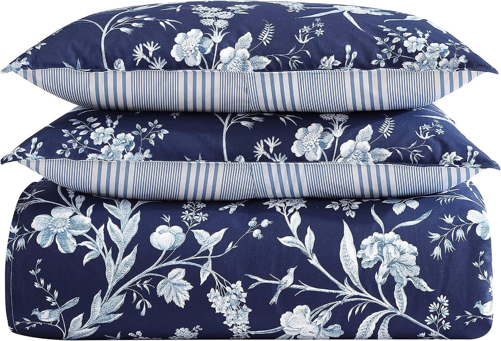 Laura Ashley- King Duvet Cover Set, Reversible Cotton Bedding Set, Includes Matching Sham(s) with Bonus Euro Sham(s) & Throw Pillow Covers (Branch Toile Blue, King)