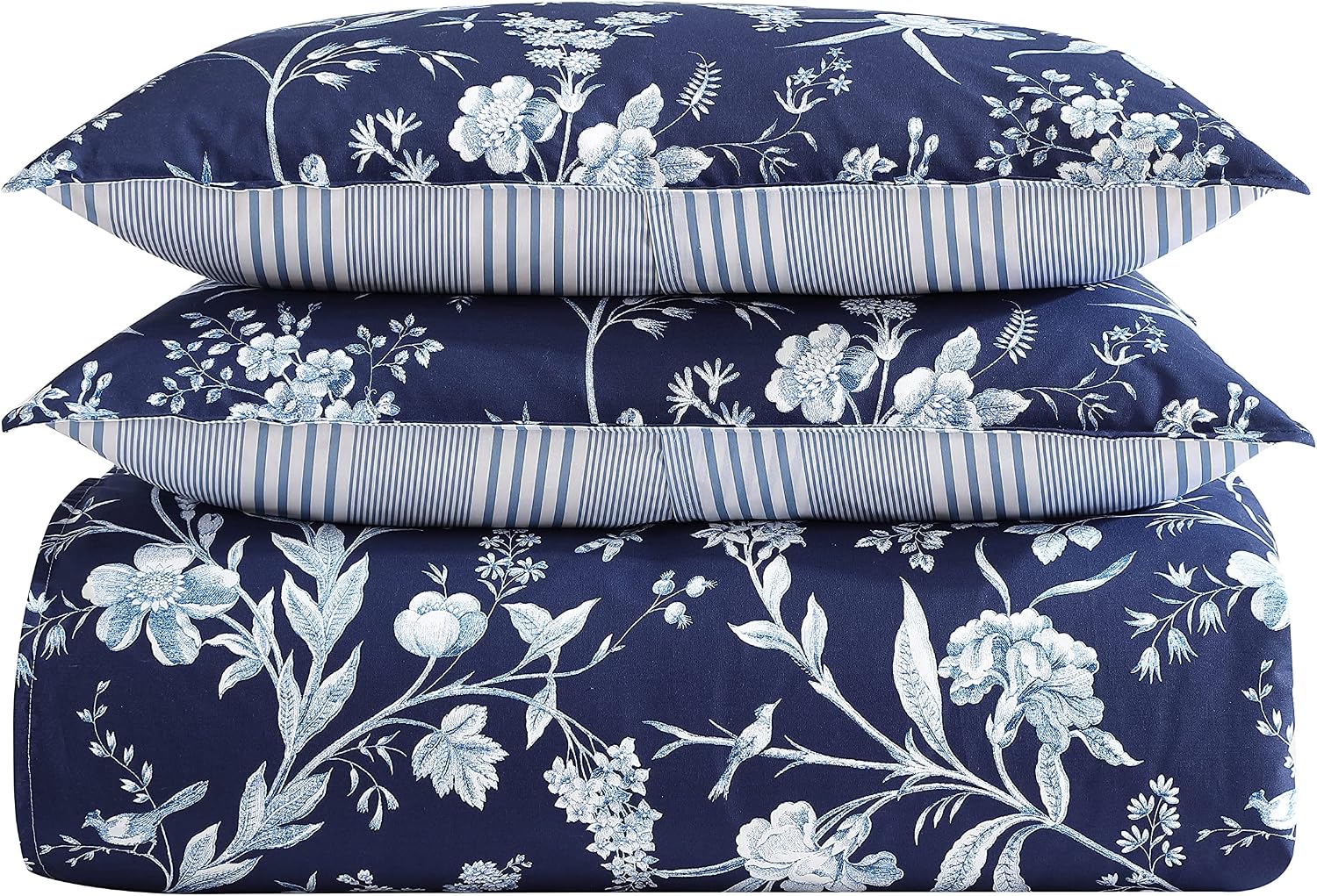 Laura Ashley- King Duvet Cover Set, Reversible Cotton Bedding Set, Includes Matching Sham(s) with Bonus Euro Sham(s) & Throw Pillow Covers (Branch Toile Blue, King)