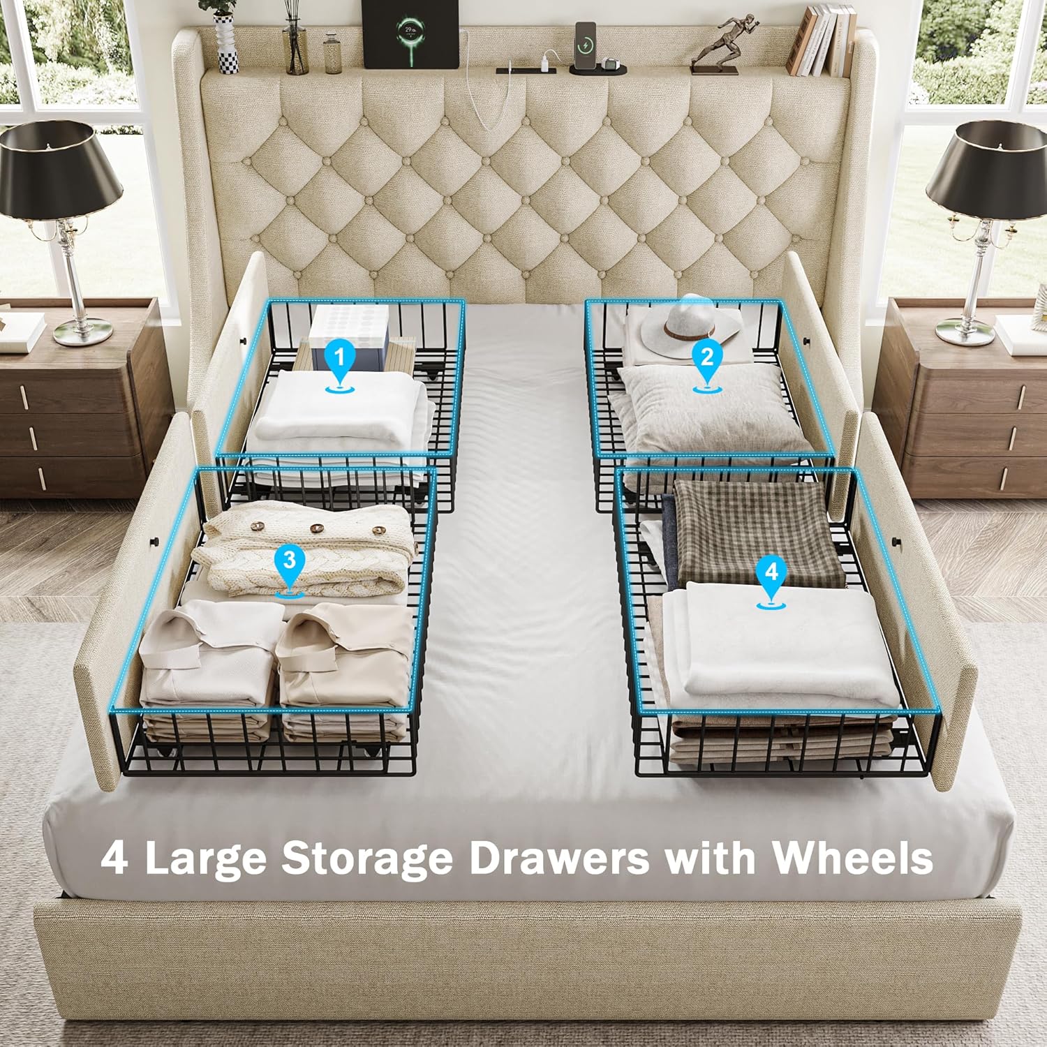GalnFu Full Size Bed Frame with 4 Storage Drawers, Large Upholstered Wingback Headboard, Fast Charging Station, No Box Spring Needed, Noise-Free, Beige