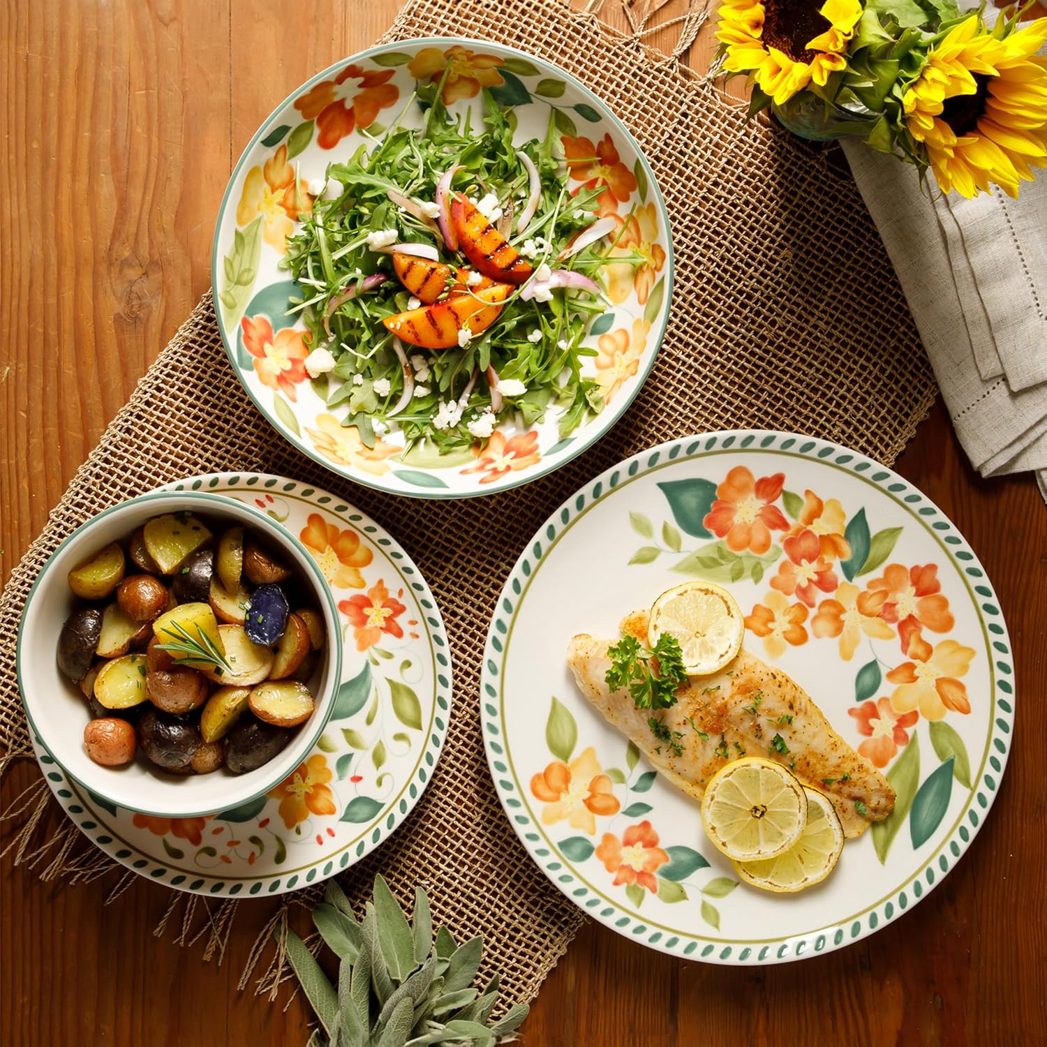 Bloomhouse Cassia Bud 16 Piece Double Bowl Hand Painted Stoneware Plates and Bowls Floral Dinnerware Set