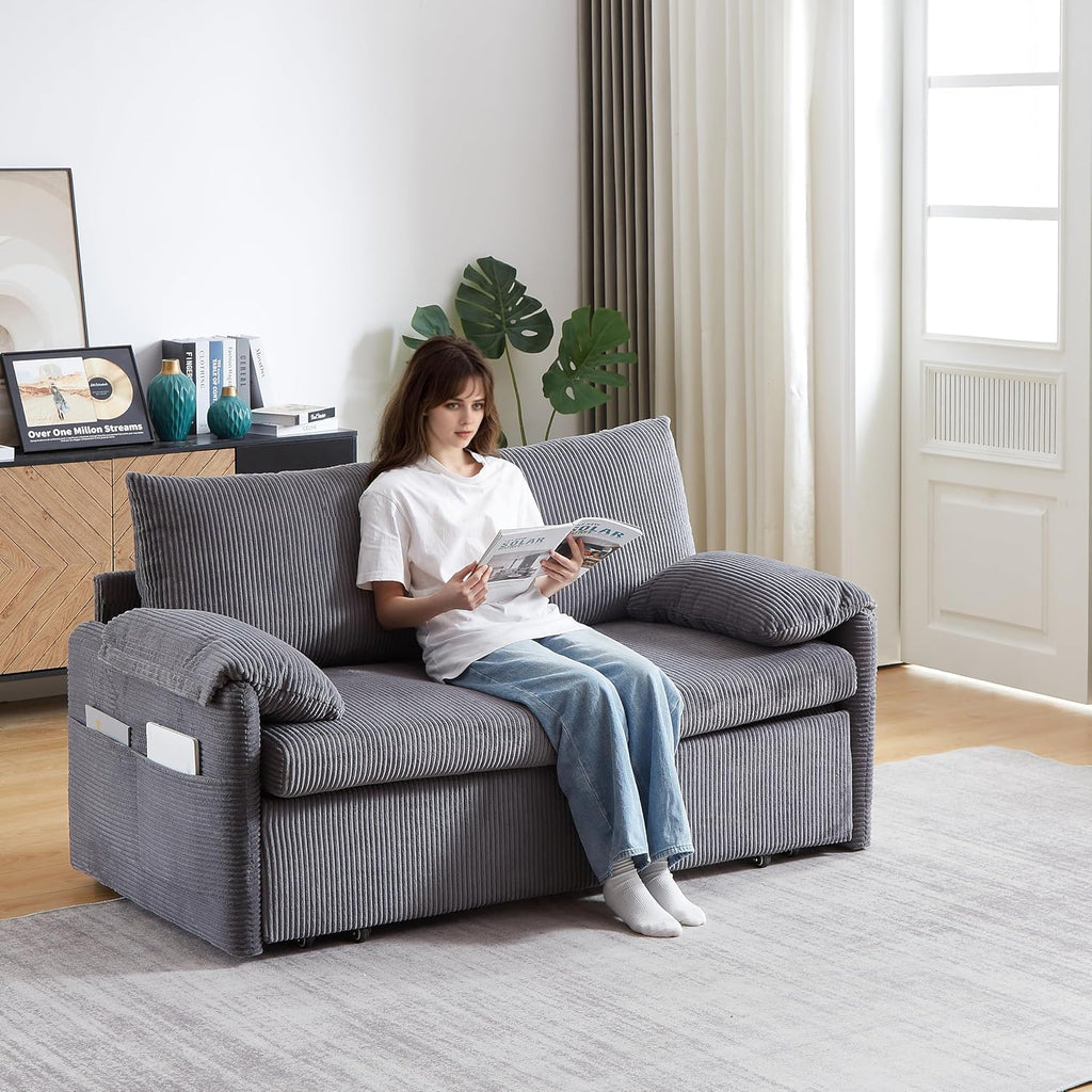 WILLIAMSPACE 64.5' Pull Out Sofa Bed, 3-in-1 Adjustable Sleeper Sofa Couch with Side Storage, Convertible Loveseat Sofa Bed Pull Out Couch for Living Room, Apartment, Corduroy, Gray
