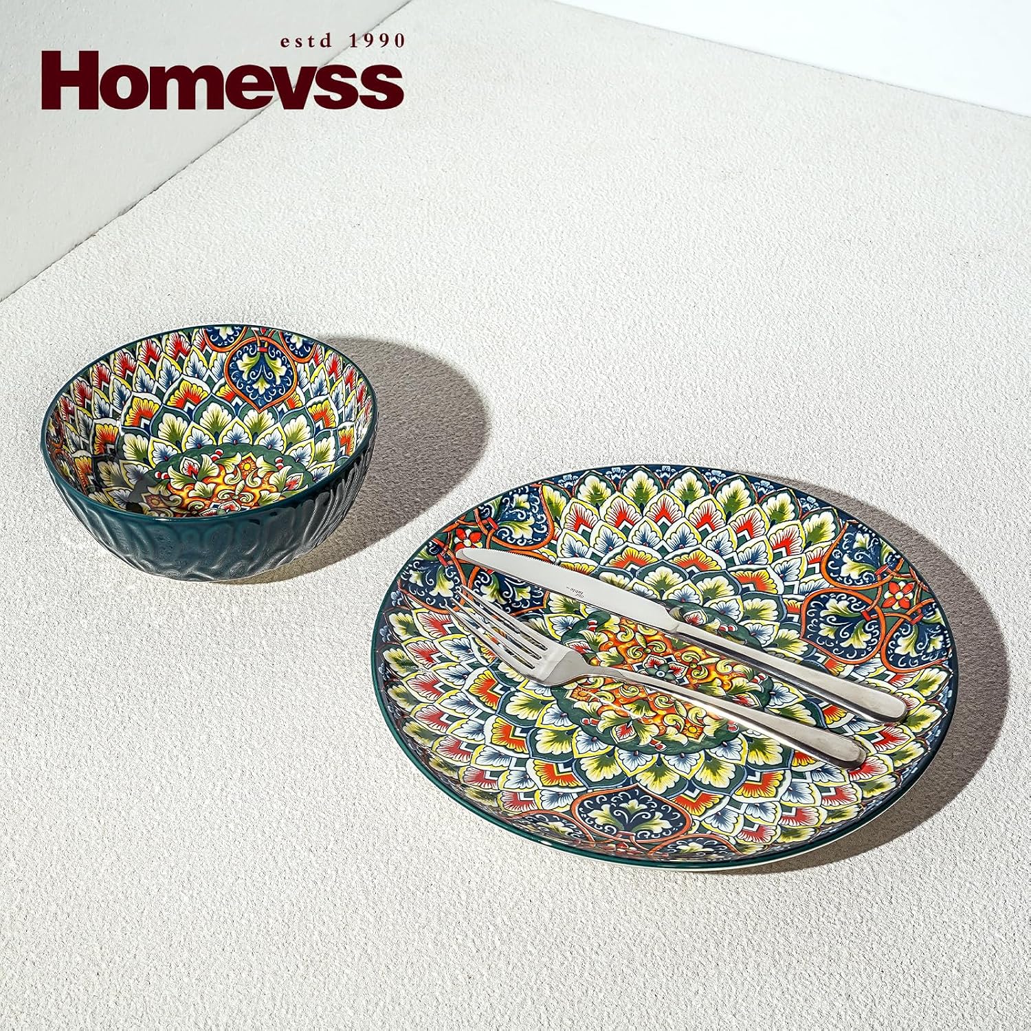 Homevss 20 Pieces Dinnerware Sets, Plates and Bowls Set, Porcelain Dishes Set for 4, Microwave and Dishwasher Safe, Scratch Resistant, Bohemian Style Dining Ware