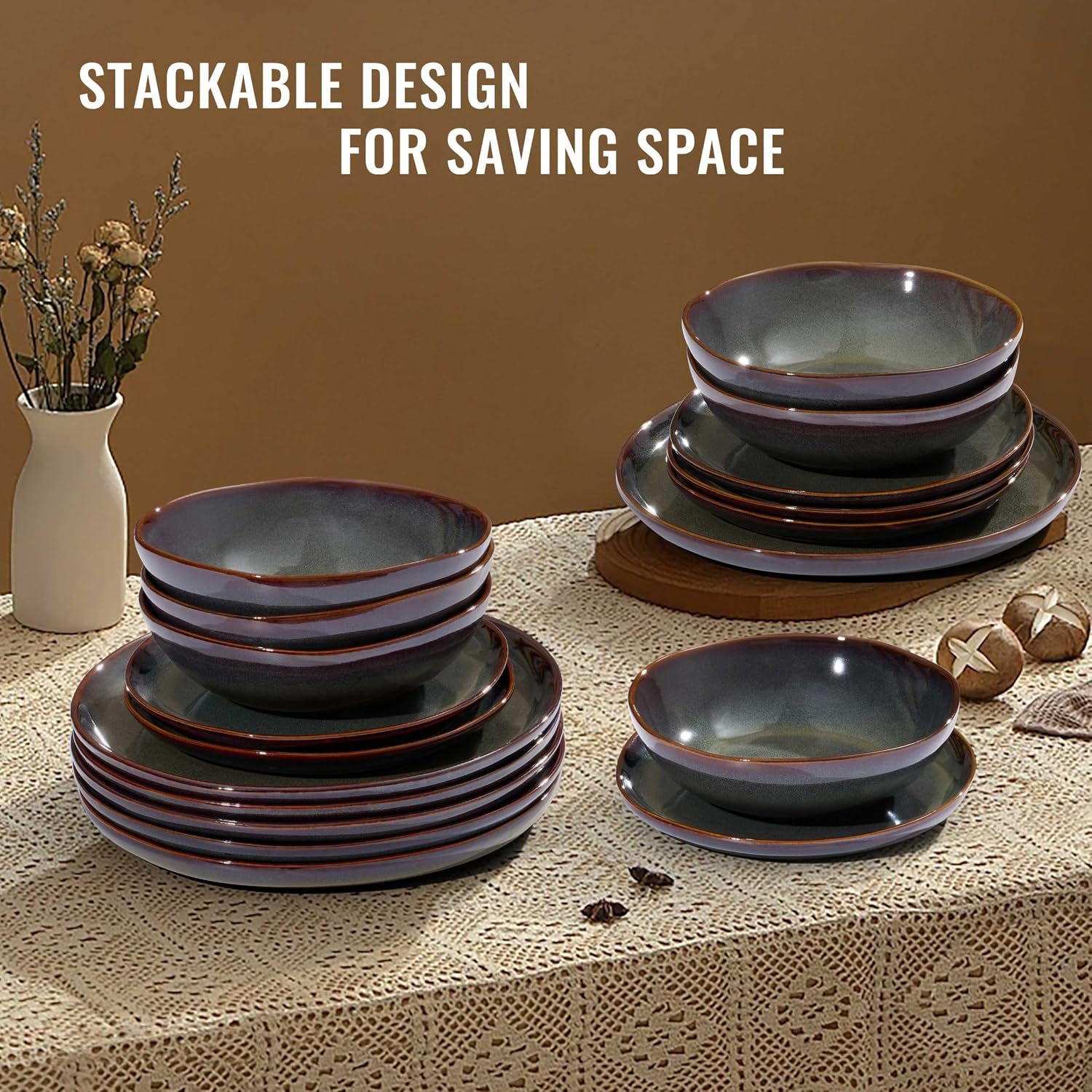 Herogo Stoneware Dinnerware Sets for 6, 24 Piece Ceramic Dinner Dishes Set, Irregular Handmade Plates and Bowls Dishware, Crack and Scratch Resistant, Reactive Glaze, Lichen Green