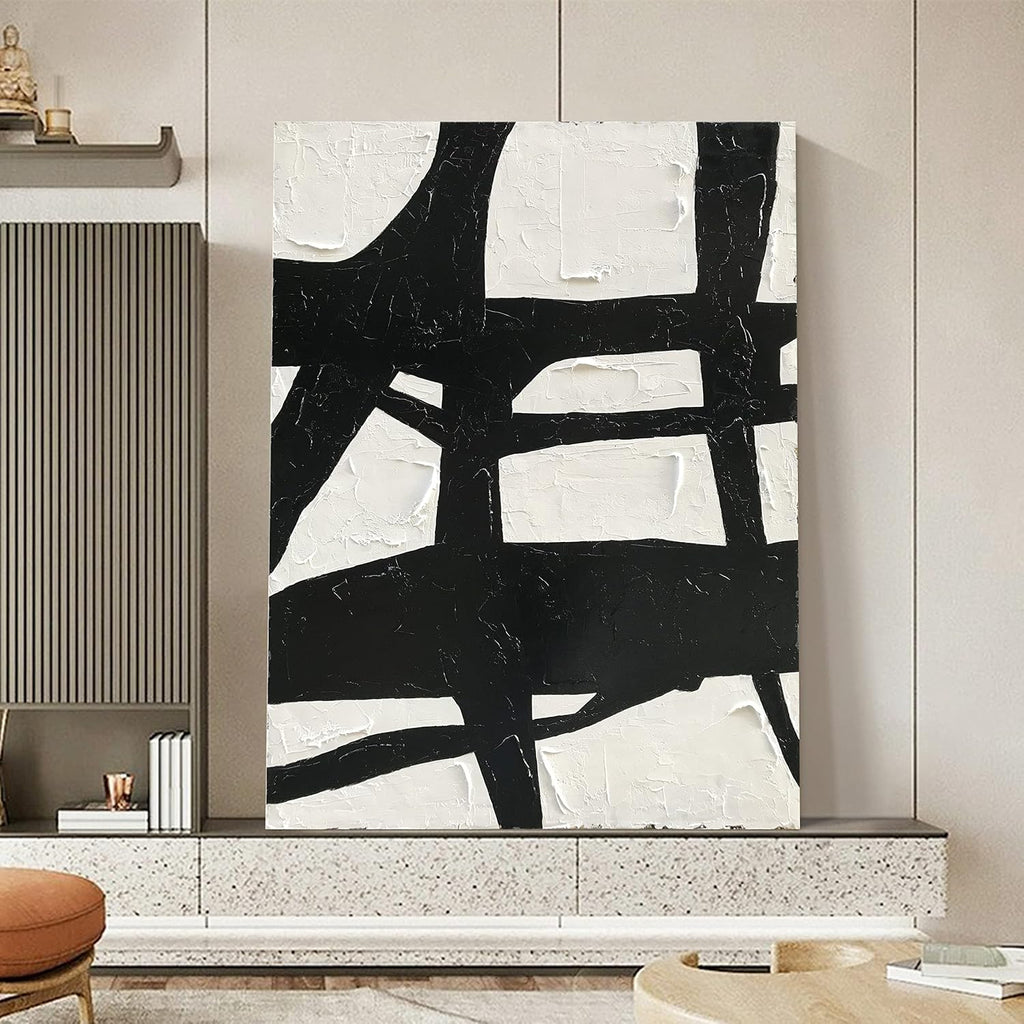 NANKAI Art Hand Painted Large Black and White Abstract contemporary minimalist oil painting work It is suitable for decorating the interior office walls and its size is 48x36 inches