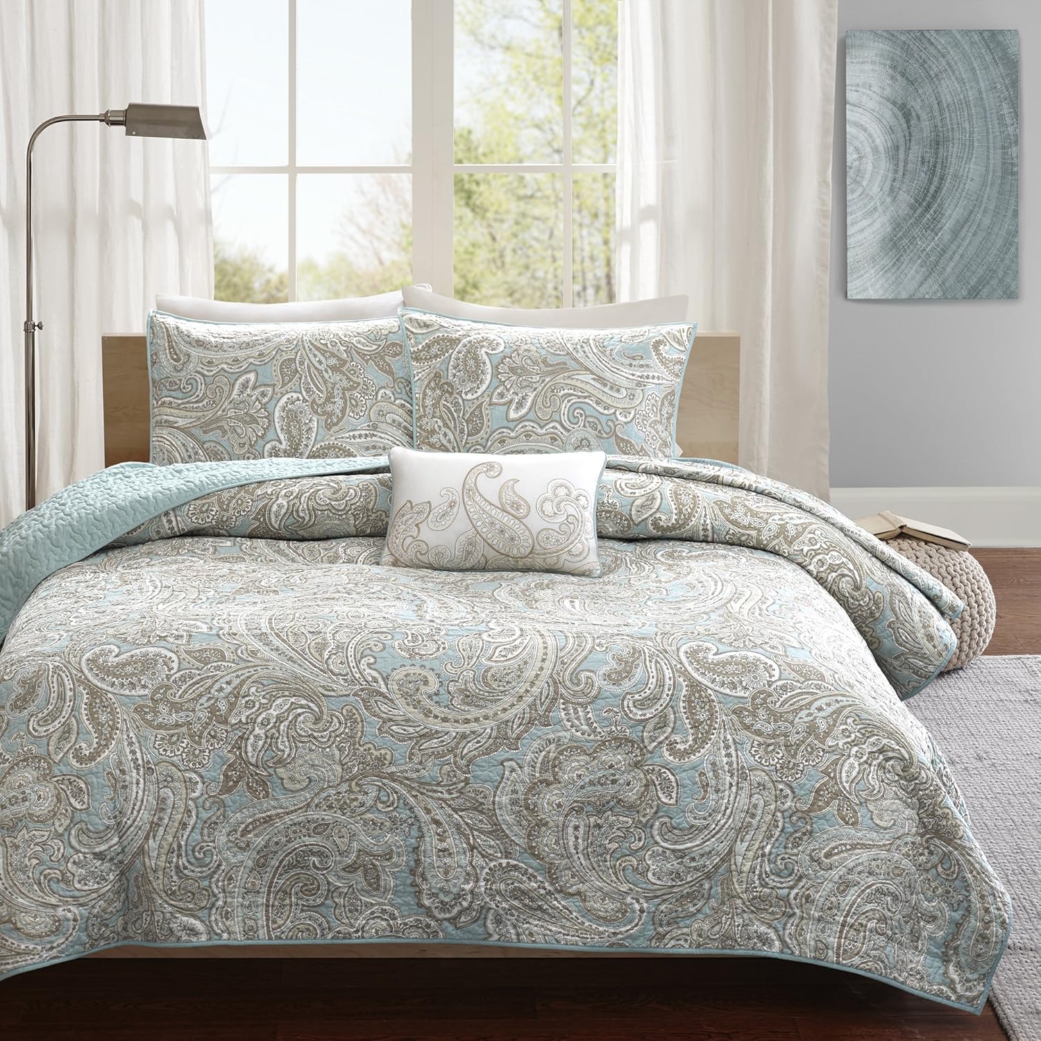 Madison Park Pure Ronan 100% Cotton Quilt Set - Casual Paisley Design, All Season, Lightweight Coverlet Bedspread Bedding, Shams, Decorative Pillows, Full/Queen(88'x92'), Blue 4 Piece
