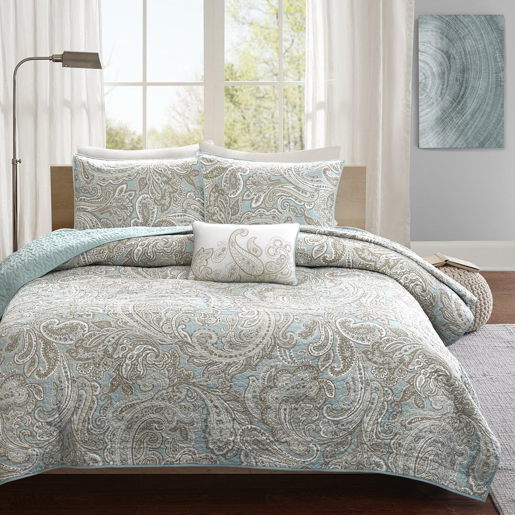 Madison Park Pure Ronan 100% Cotton Quilt Set-Casual Paisley Design All Season, Lightweight Coverlet Bedspread Bedding, Shams, Decorative Pillows, King/Cal King(104'x92'), Blue 4 Piece