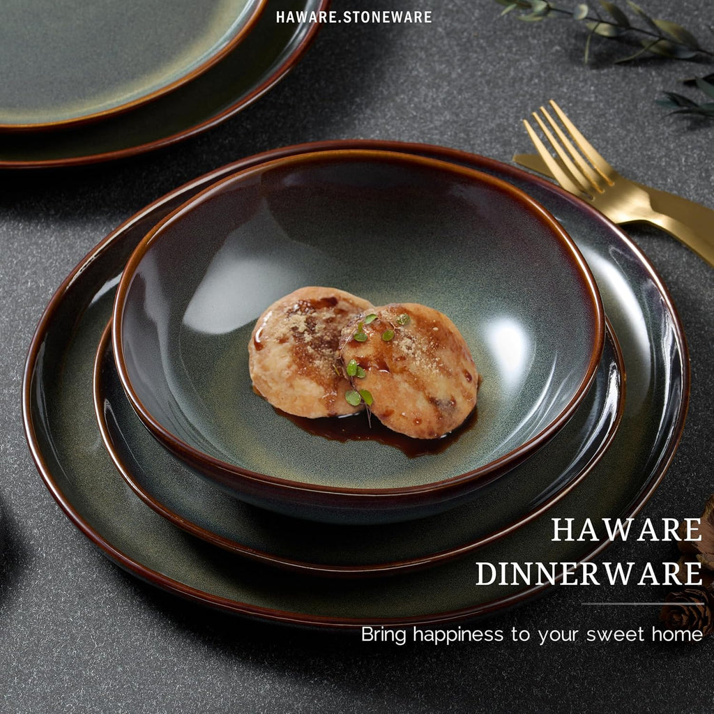 HaWare Dinnerware Sets, 24-Piece Stoneware Plates and Bowls Set, Dish Set for 8, Ceramic Dishware for Home Restaurant, Chip and Scratch Resistant, Microwave and Dishwasher Safe, Reactive Moss Green