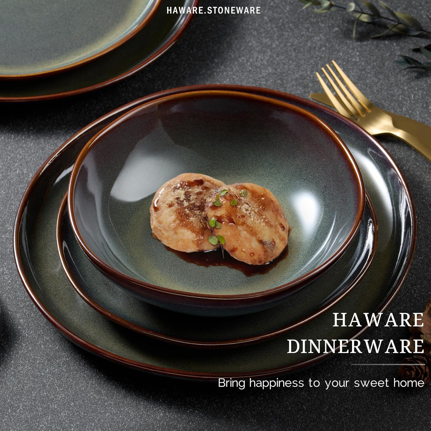HaWare Dinnerware Sets, 24-Piece Stoneware Plates and Bowls Set, Dish Set for 8, Ceramic Dishware for Home Restaurant, Chip and Scratch Resistant, Microwave and Dishwasher Safe, Reactive Moss Green