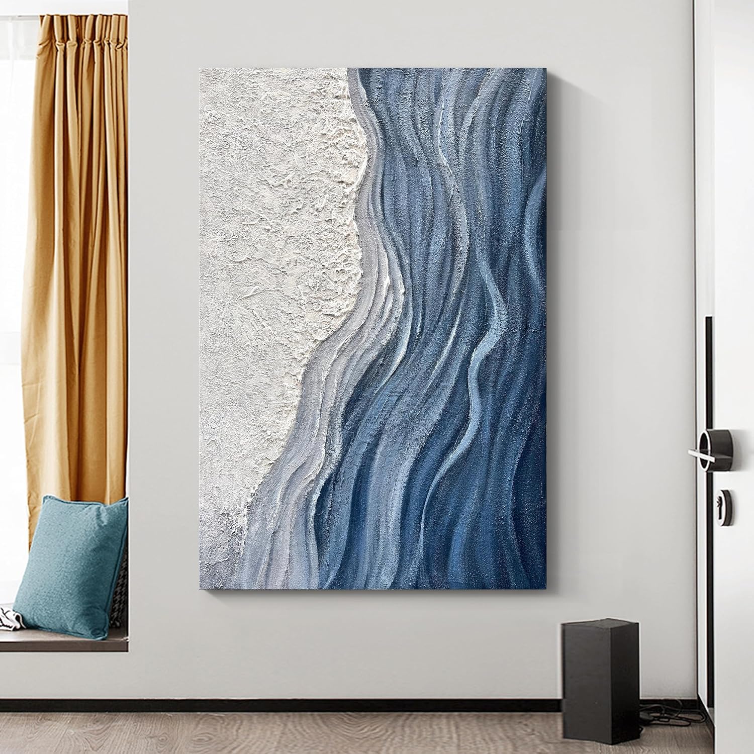 Art 60x40 inches Hand-Painted Blue and White Textured Art Oil Painting - Modern Abstract sea Wave Landscape Art - Large Wall Decoration Suitable for Home Office Decoration