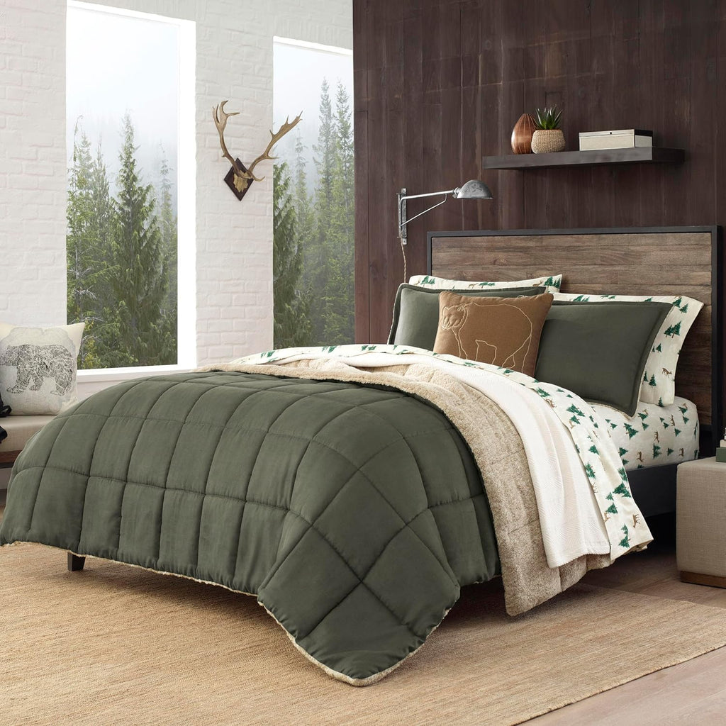 Eddie Bauer - Queen Comforter Set, Microsuede Bedding with Soft Sherpa Reverse, 3 Piece Bed Set with Matching Pillowcases (Sherwood Green)