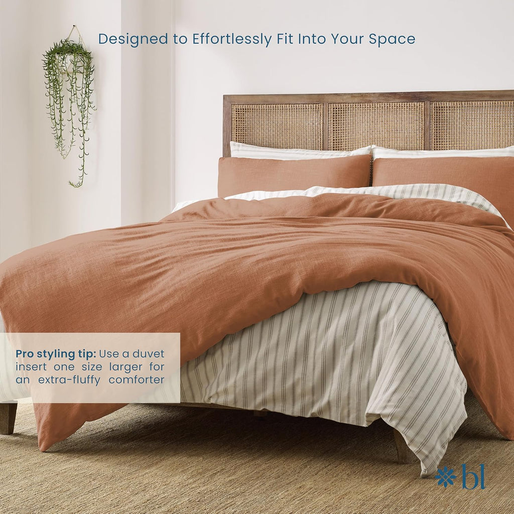Blue Loom Duvet 100% Cotton Set, 3 Piece, Stone Washed Duvet Set Full/Queen Size 92' x 90' with 2 Matching Pillow Shams, Comforter Not Included, Vivie - Clay Red