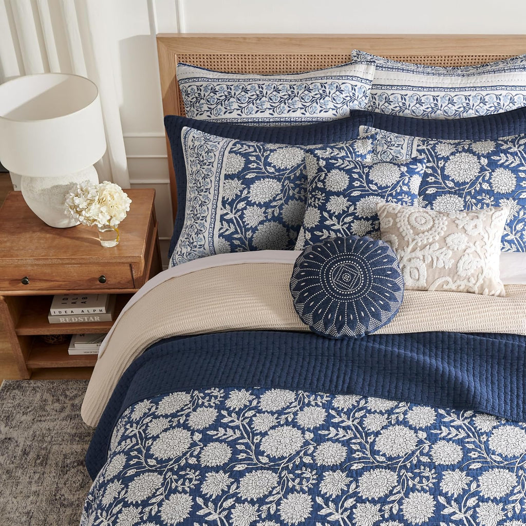 Levtex Home Cross Stitch Reversible King/Cal King Quilt Set (106x92in) and 2 Pillow Shams (36x20in) - Stitch Texture - Navy - Cotton King Size Quilt Bedding Set - Lightweight Soft Pre-Washed