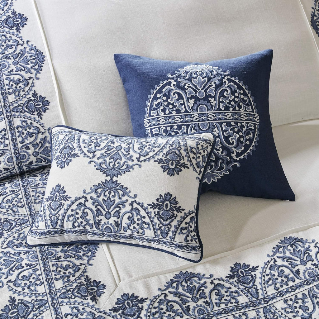 Madison Park Signature Cozy Comforter Set - All Season Bedding Combo Filled Insert and Removable Duvet Cover, Shams, Decorative Pillows, Queen (92 in x 96 in), Bohemian Blue 9 Piece