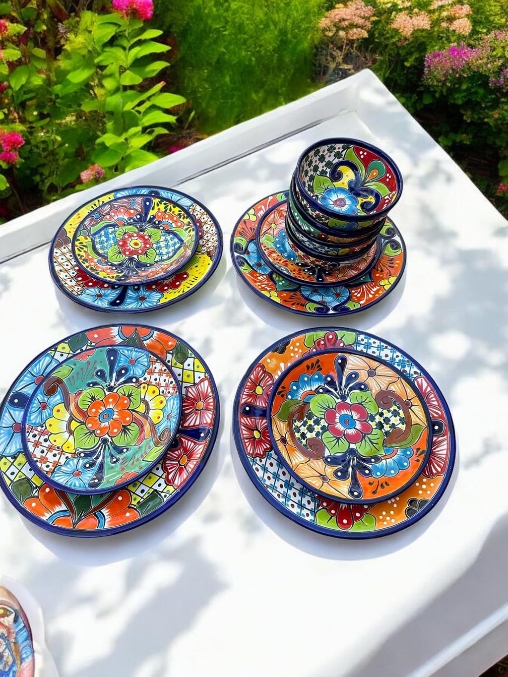 16-Piece Talavera Dinnerware Set | Hand-Painted Mexican Pottery with 4 Large 11.5' Plates, 4 Small 8' Plates, 4 Bowls, and 4 Mugs | Unique, Artisan-Made Ceramic Dish Set