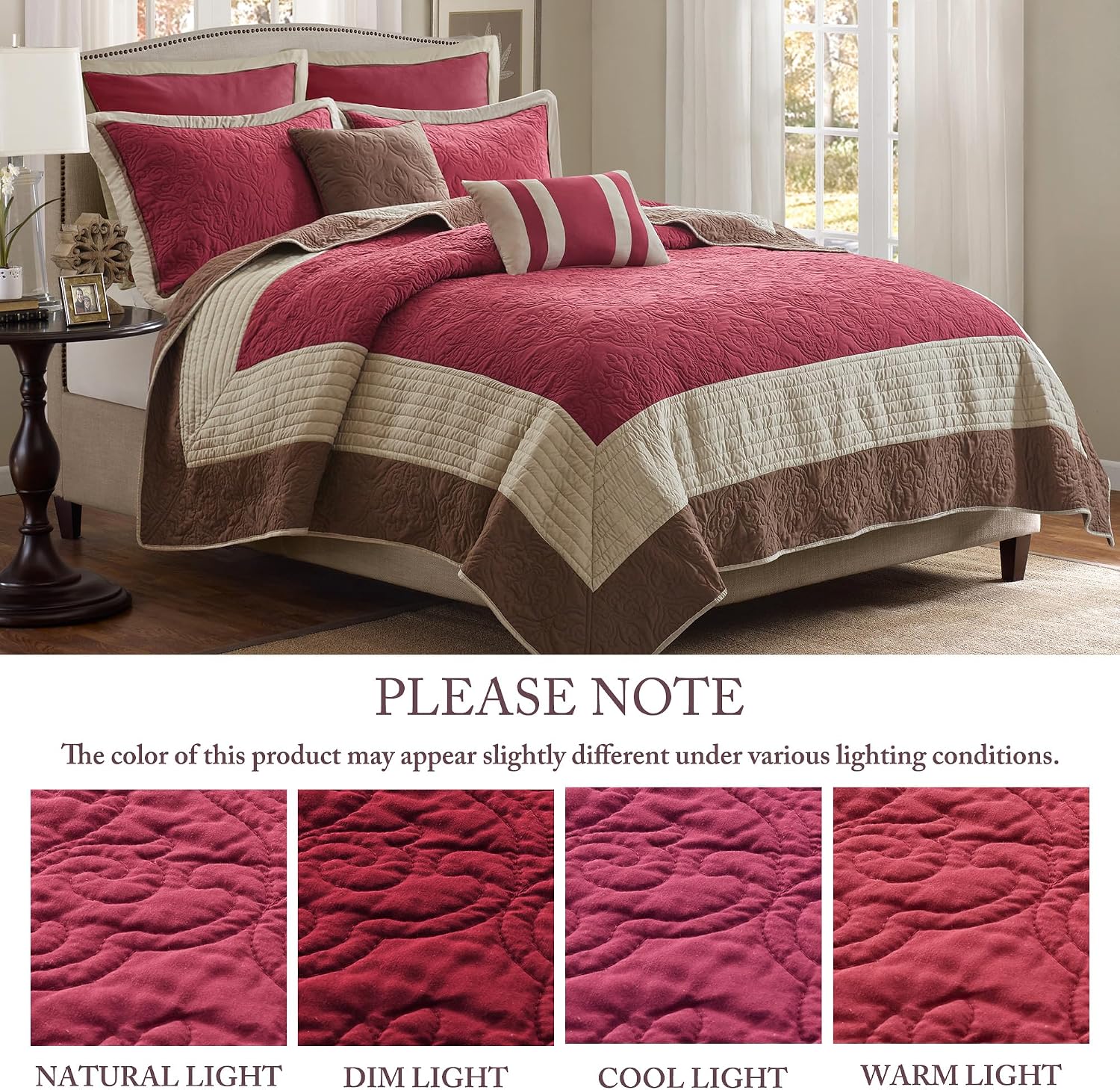 Madison Park Attingham Reversible Quilt Set - All Season Breathable Coverlet, Lightweight Cozy Bedding Layers, Matching Shams, King/Cal King (104'x94'), Red 7 Piece