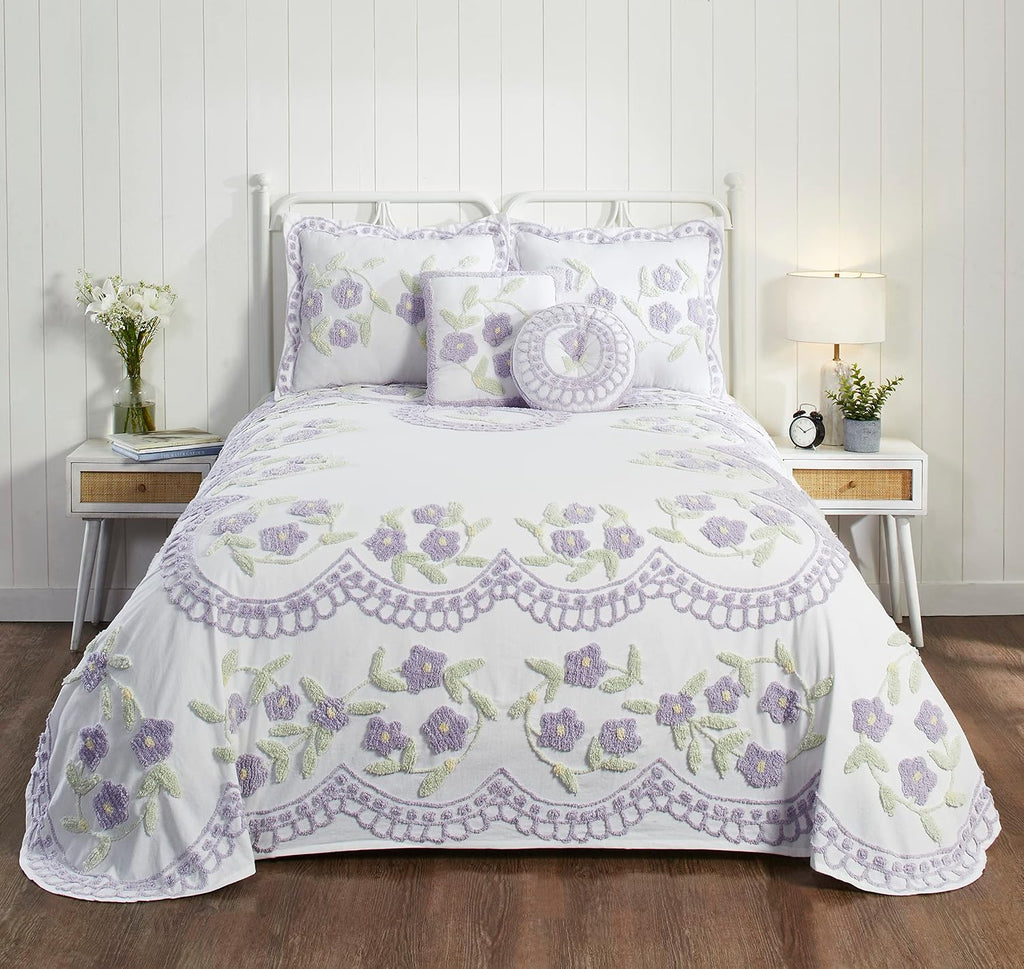 Better Trends Bloomfield Collection is Super Soft and Light Weight in Floral Design 100% Cotton Tufted Unique Luxurious Machine Washable Tumble Dry, Queen Bedspread, Lavender