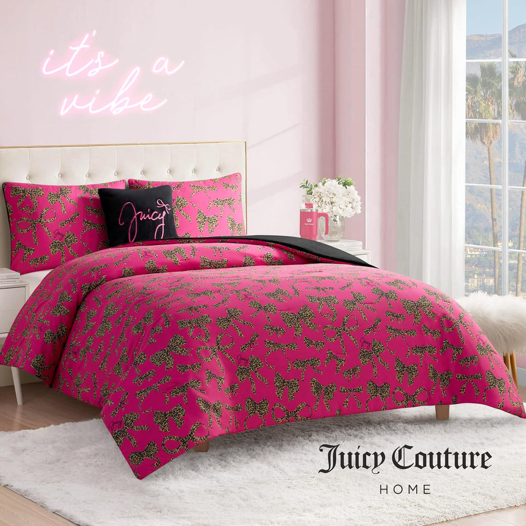 Juicy Couture Plush Reversible Cheetah Bows 4-Piece Full/Queen Comforter Set with Decorative Pillow