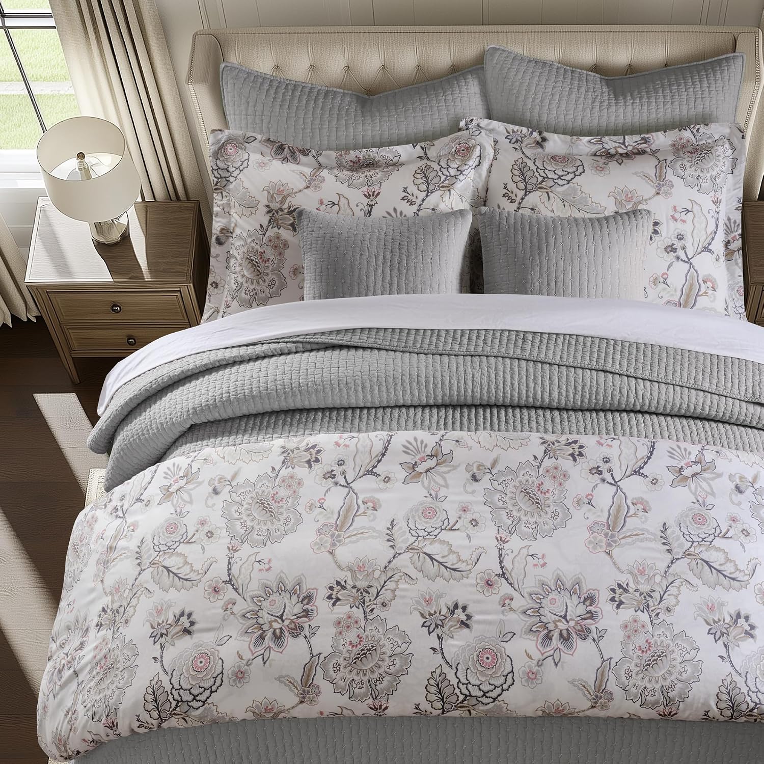 Levtex Home Cross Stitch Reversible Full/Queen Quilt Set (88x92in) and 2 Pillow Shams (26x20in) - Stitch Texture - Light Grey - Cotton Full/Queen Size Quilt Bedding Set - Lightweight, Soft, Pre-Washed