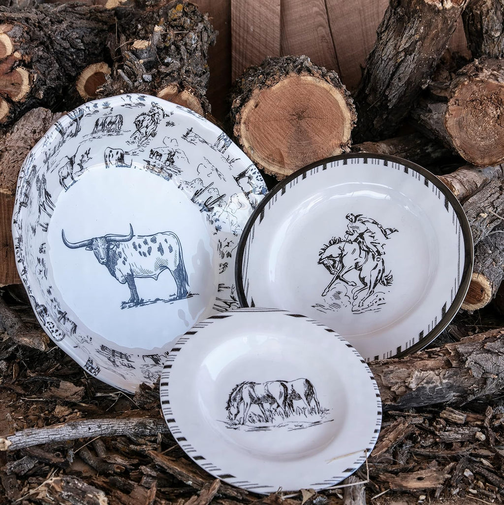 Paseo Road Ranch Life 14 Piece Melamine Plastic Dinnerware Set with Plates, Bowls and Serving Platter, Black and White, Southwestern Rustic Cabin Lodge Farmhouse Style