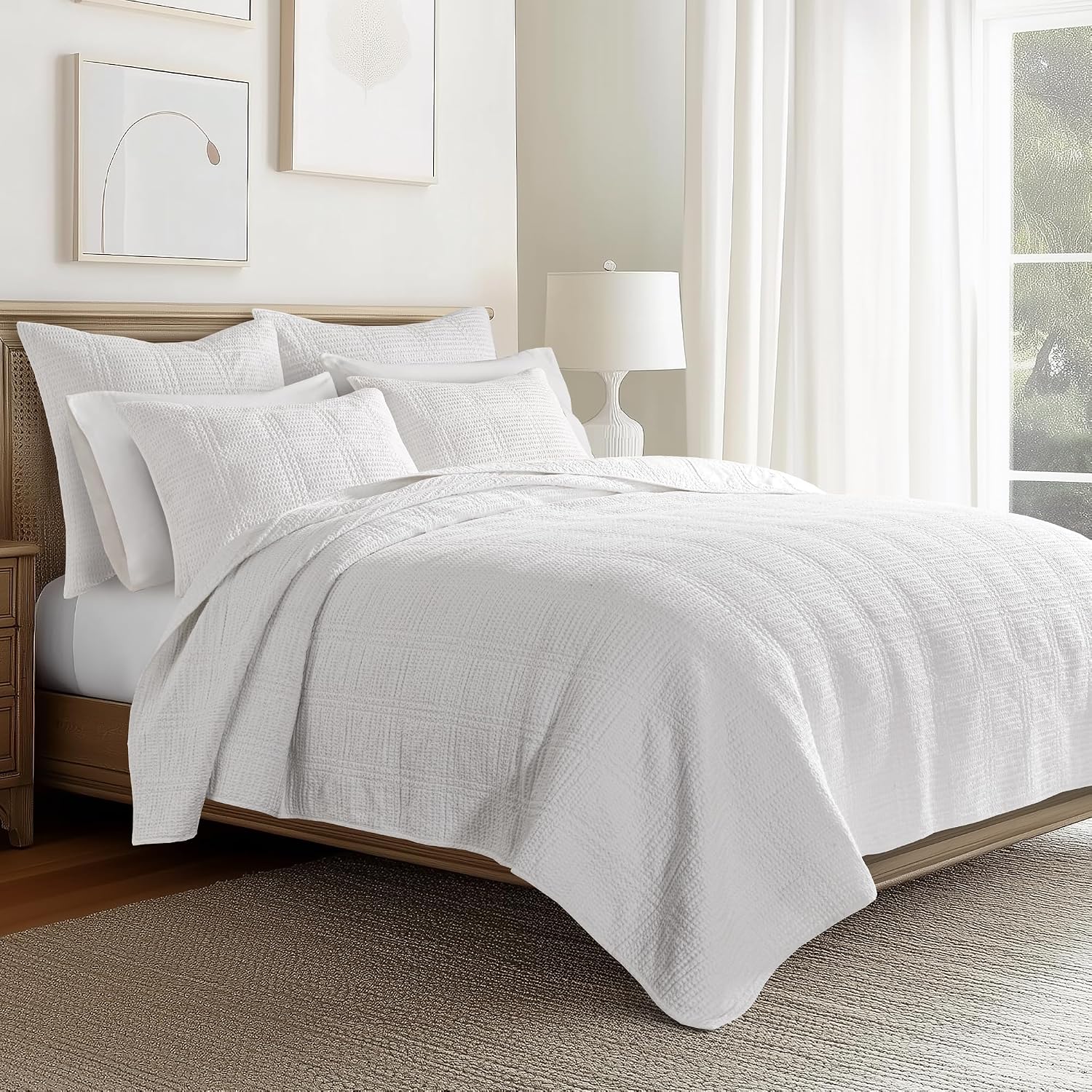Levtex Home Cloud Waffle Full/Queen Quilt Set (88x92in) and 2 Pillow Shams (26x20) - Box Quilted Waffle Texture - Bright White - Cotton Full/Queen Size Quilt Bedding Set - Lightweight Soft Pre-Washed