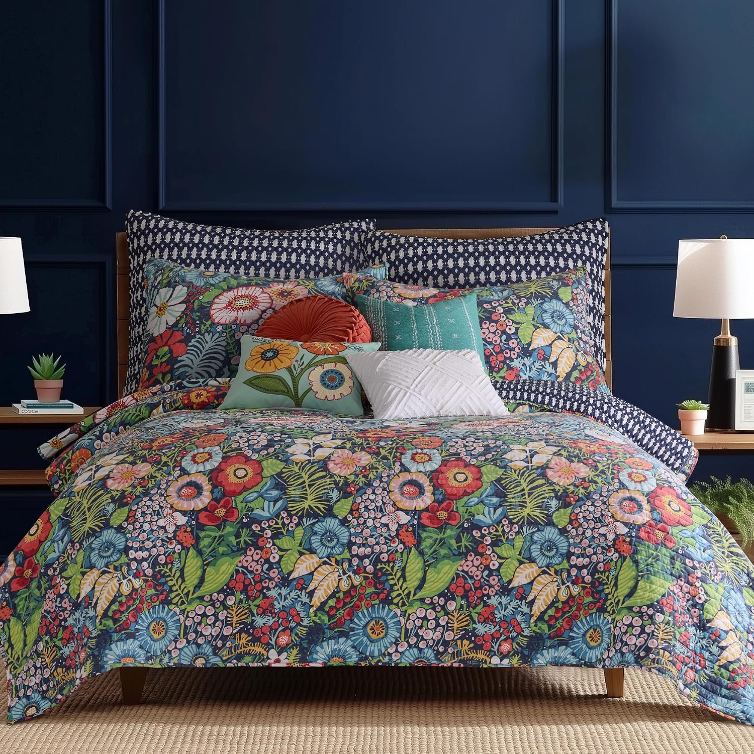Levtex Home - Night Garden Quilt Set - Twin Quilt and One Standard Sham - Bold Floral - Navy Red Pink Green Ochre White - Quilt (68x86in.) and Sham (20x26in.) - Reversible - Rayon/Cotton