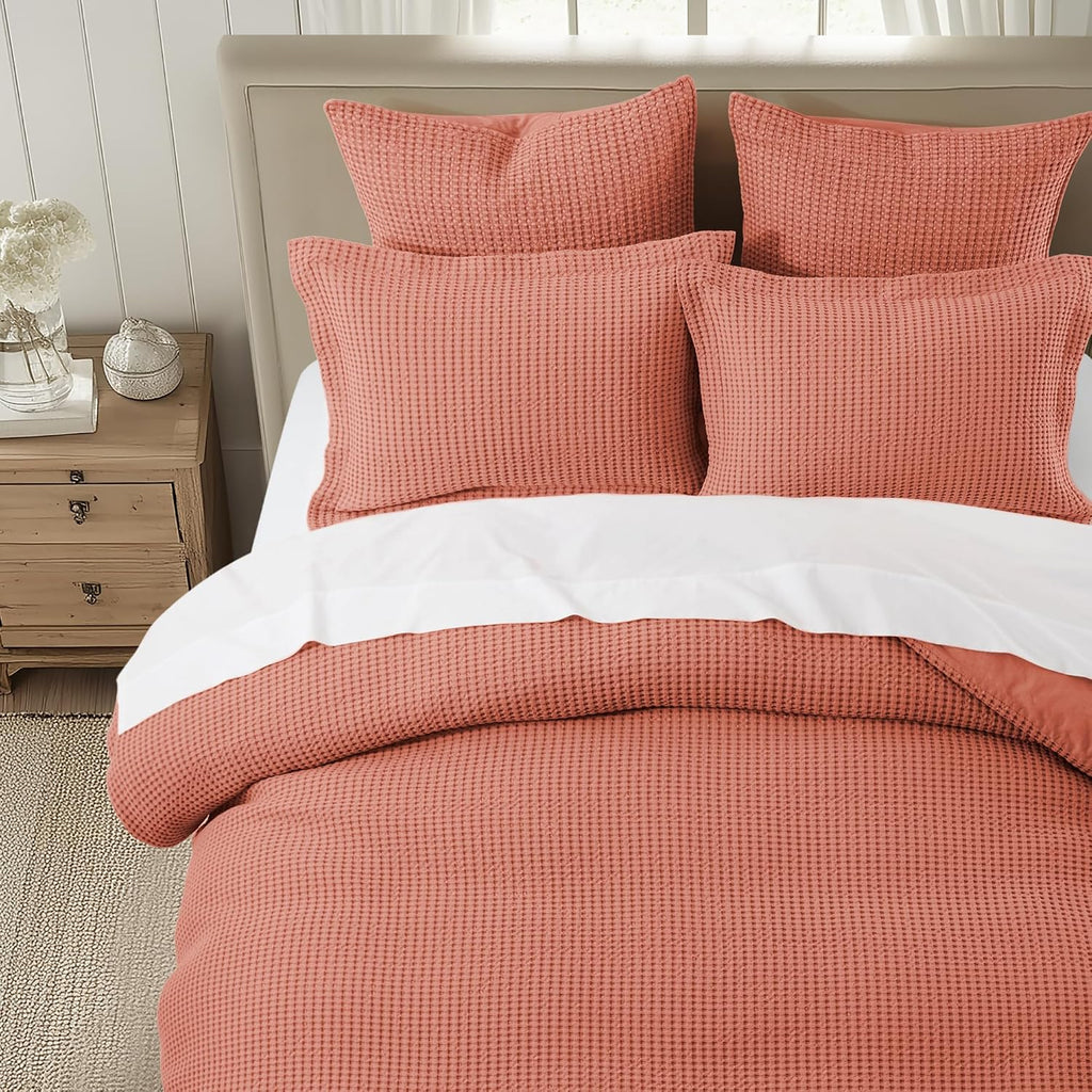 Levtex Home Mills Waffle Adobe Bed Linen Set - King Duvet Cover, 2 Pillow Cases - Cotton, 106 x 94in. Duvet, 36 x 20in. Pillow Cases