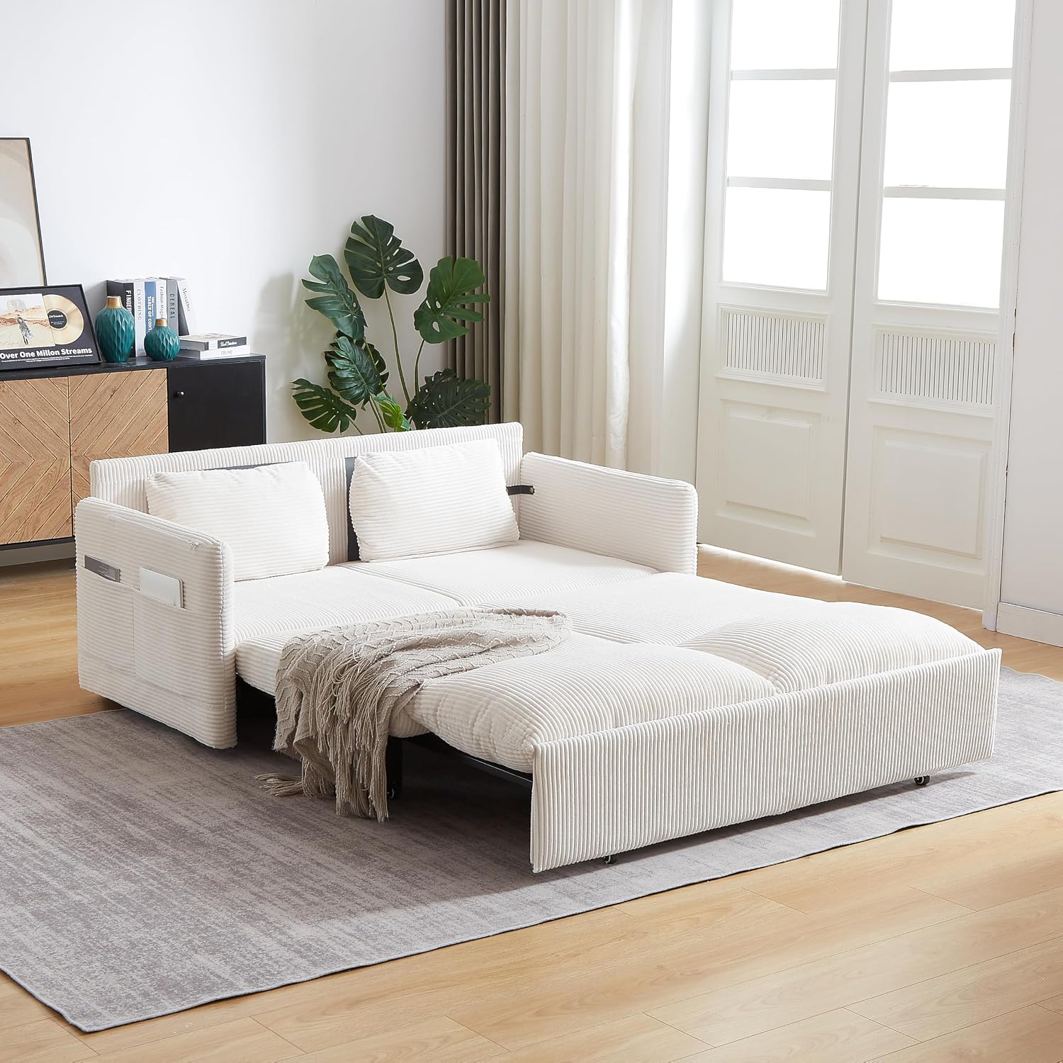 WILLIAMSPACE 64.5' Pull Out Sofa Bed, 3-in-1 Adjustable Sleeper Sofa Couch with Side Storage, Convertible Loveseat Sofa Bed Pull Out Couch for Living Room, Apartment, Corduroy, Beige