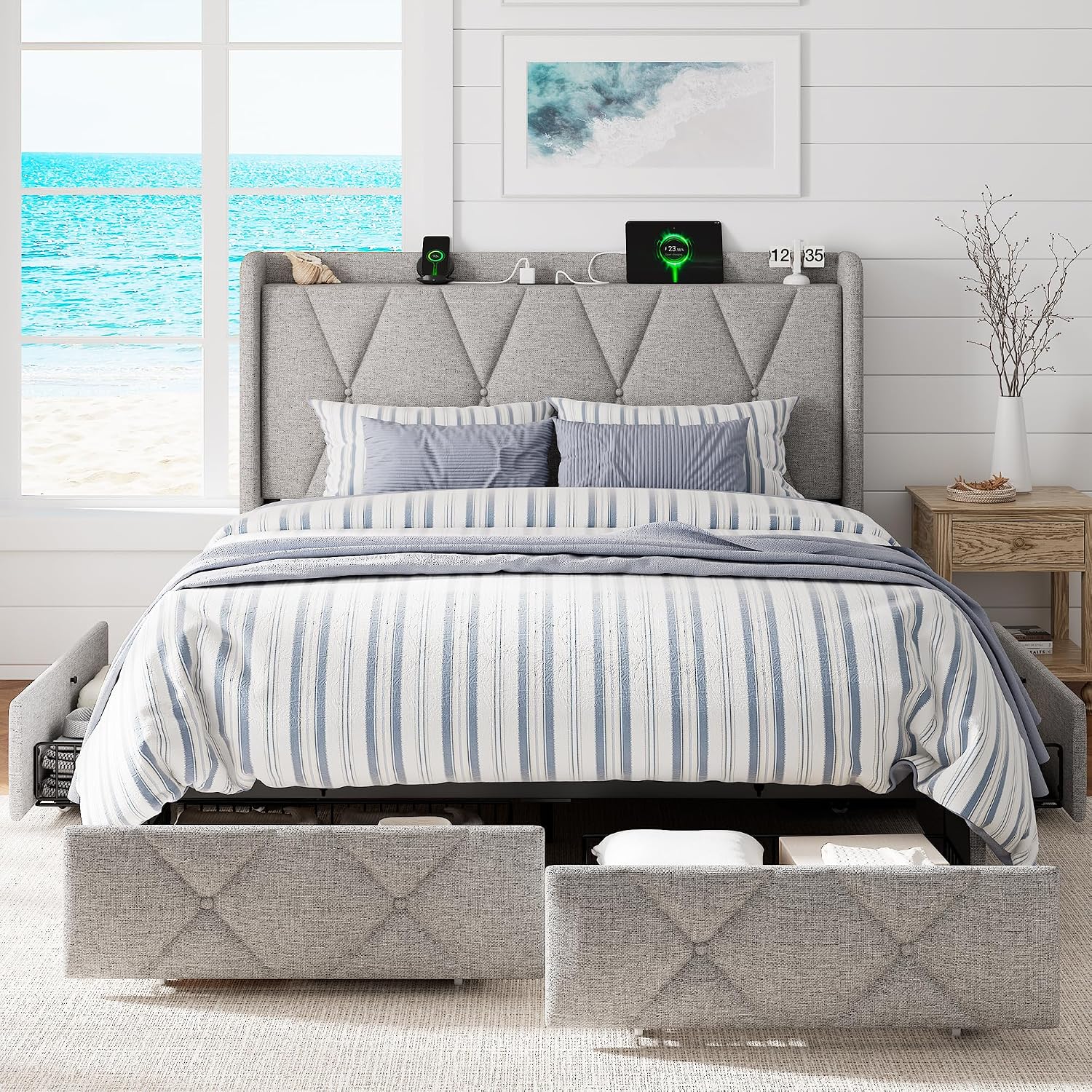 GalnFu Queen Bed Frame with 4 Storage Drawers, Upholstered Platform Bed with Charging Station, Modern Wingback Storage Headboard, Easy Assembly,Noise-Free, Light Gray