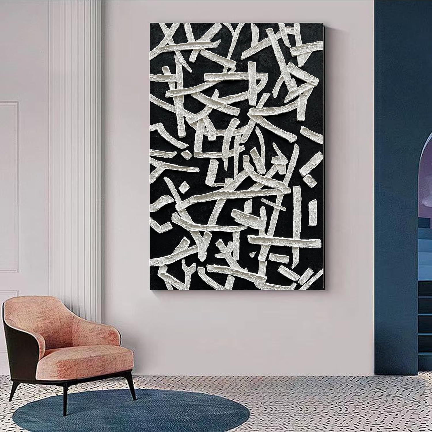 NANKAI Art Hand Painted Oil on Canvas in Black and White Modern Abstract Minimalist Oil Painting Home Wall Art Deco 45x30 inches