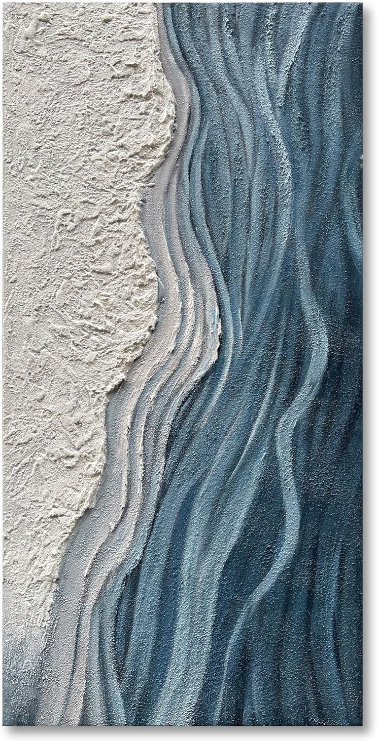 Art 24x48 inches Hand-Painted Blue and White Textured Art Oil Painting - Modern Abstract sea Wave Landscape Art - Suitable for Wall Decoration in Home Office