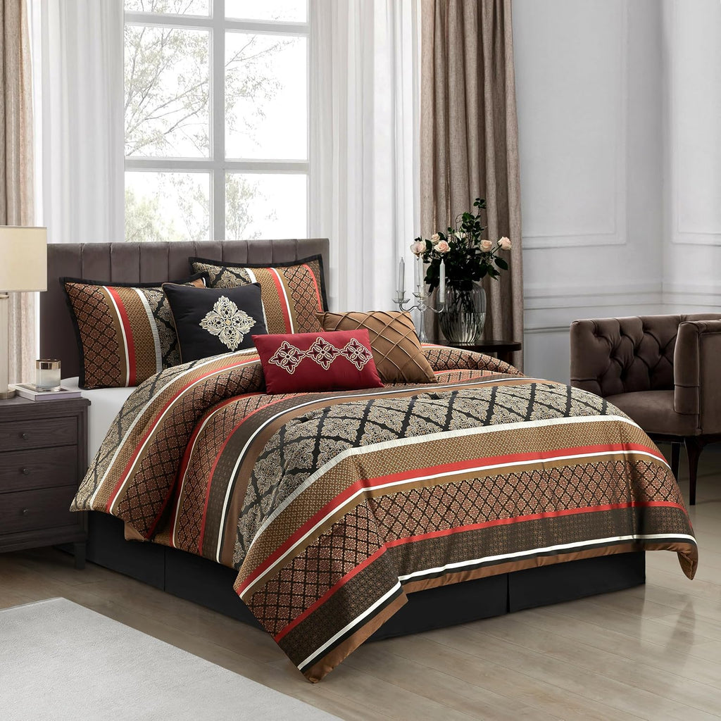 Grand Avenue Red Geometric King Comforter Set, 7 Piece, Jacquard Home Decor, Premium Lightweight Microfiber, Matching Shams, Bedskirt, Decorative Pillows